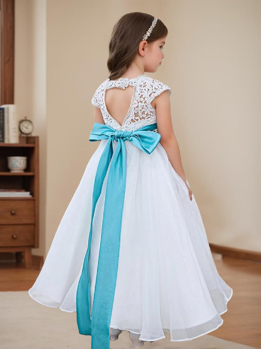 A-line Lace Organza Ankle-length Ivory Flower Girl Dress White