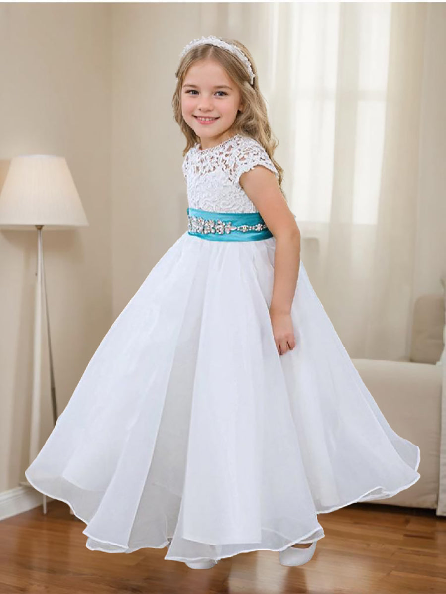 A-line Lace Organza Ankle-length Ivory Flower Girl Dress Champagne
