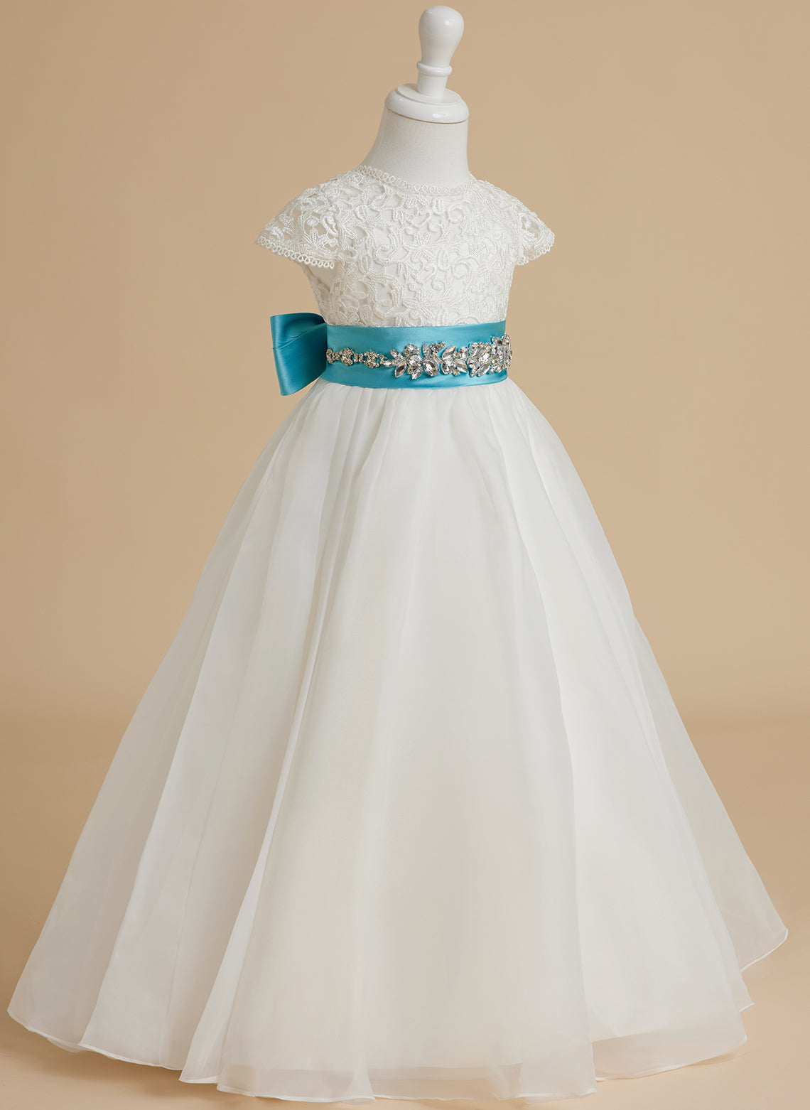 A-line Lace Organza Ankle-length Ivory Flower Girl Dress Dusty Rose