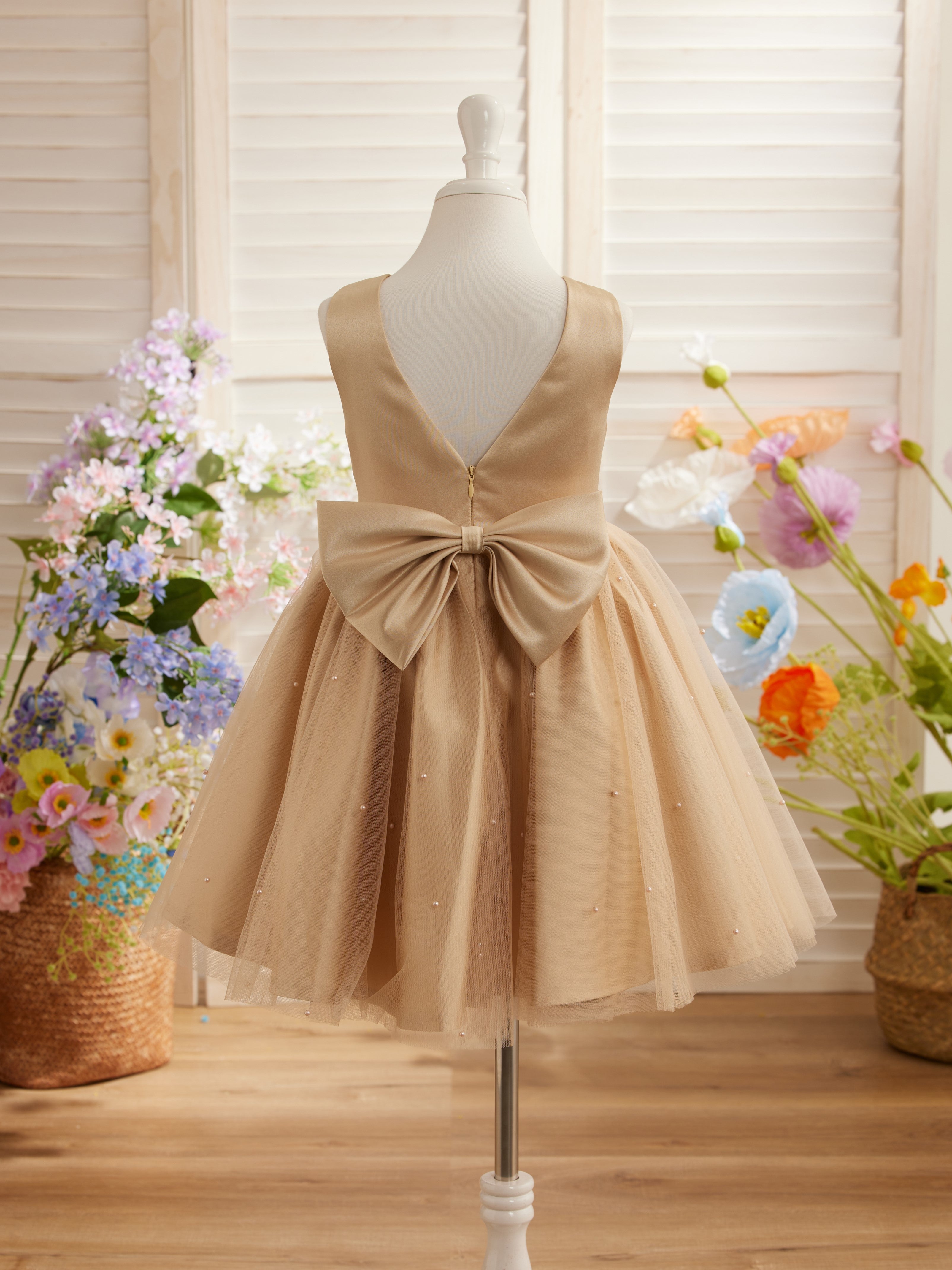 Ball-Gown/Princess Satin Tulle Knee-length Flower Girl Dress Champagne