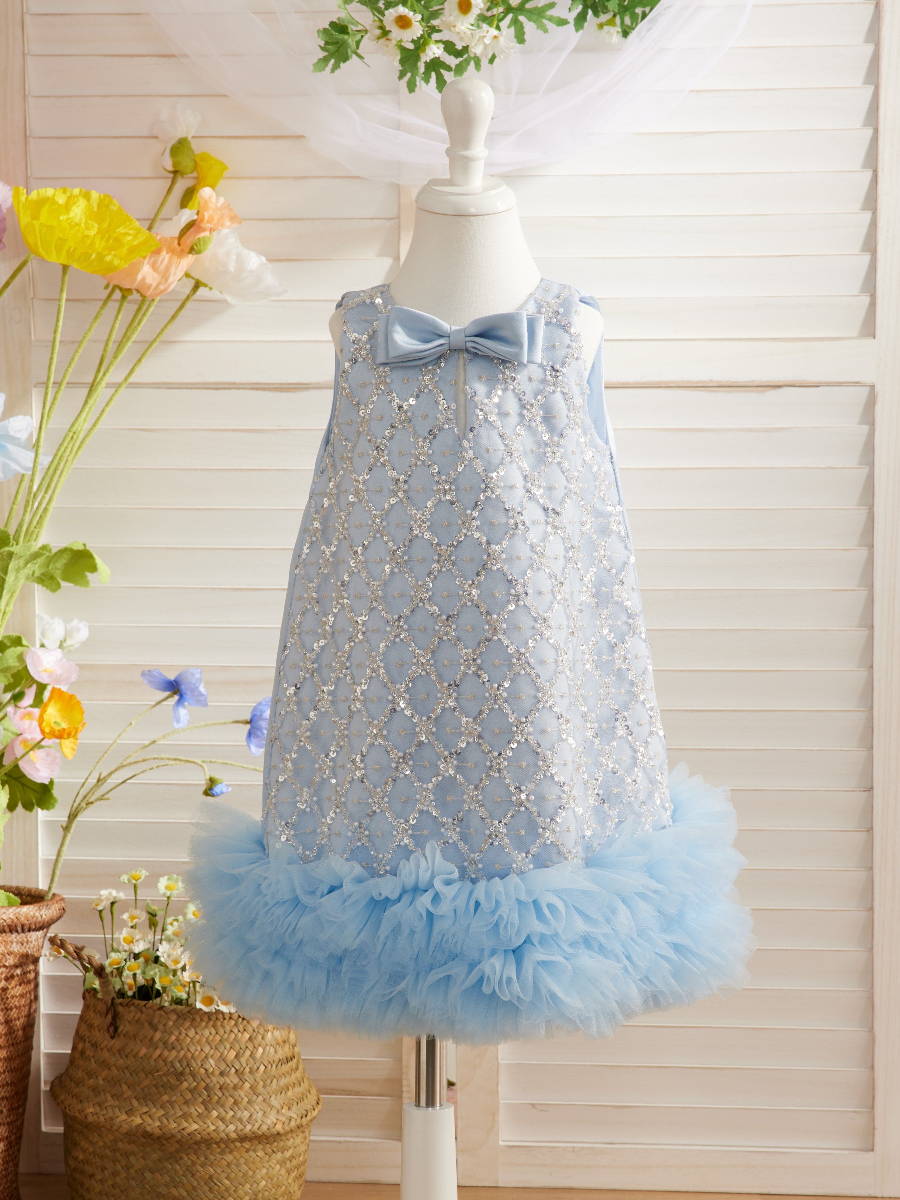 Sequins Satin Knee-length Birthday Dress Sky Blue