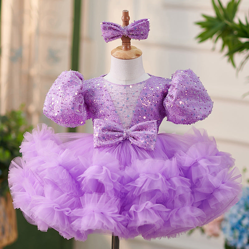 Sequins Tulle Knee-length 1st Birthday Party Baby Girl Dress Lilac