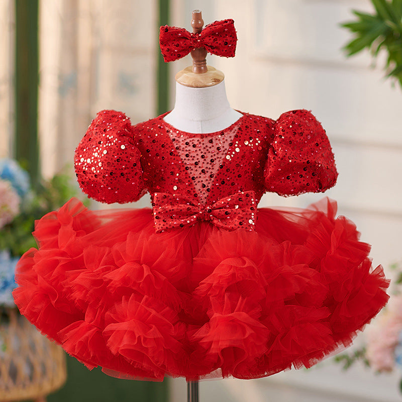 Sequins Tulle Knee-length Toddler Baby Birthday Party  Dress Red