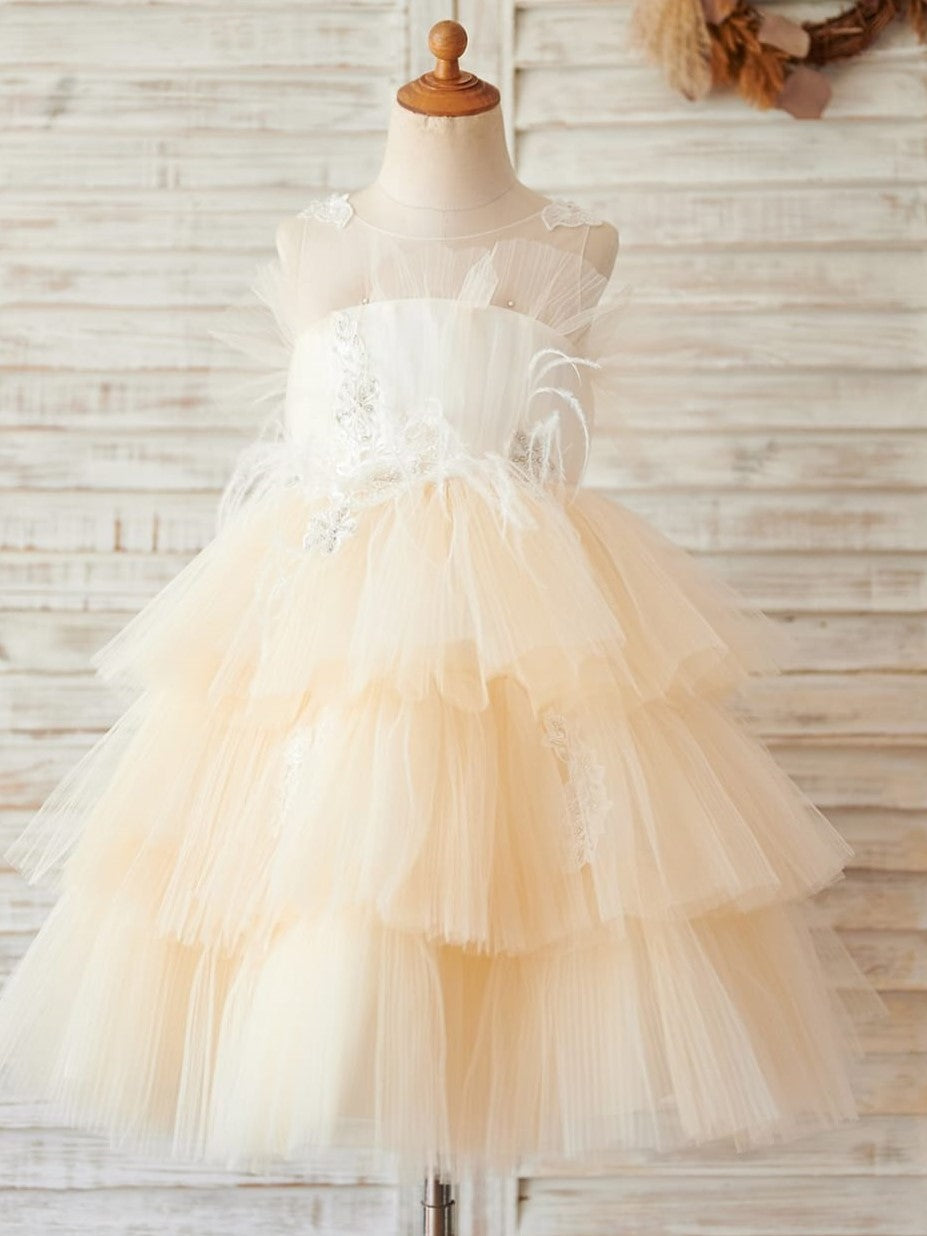 Satin Tulle Knee-length Champagne Flower Girl Dress Champagne