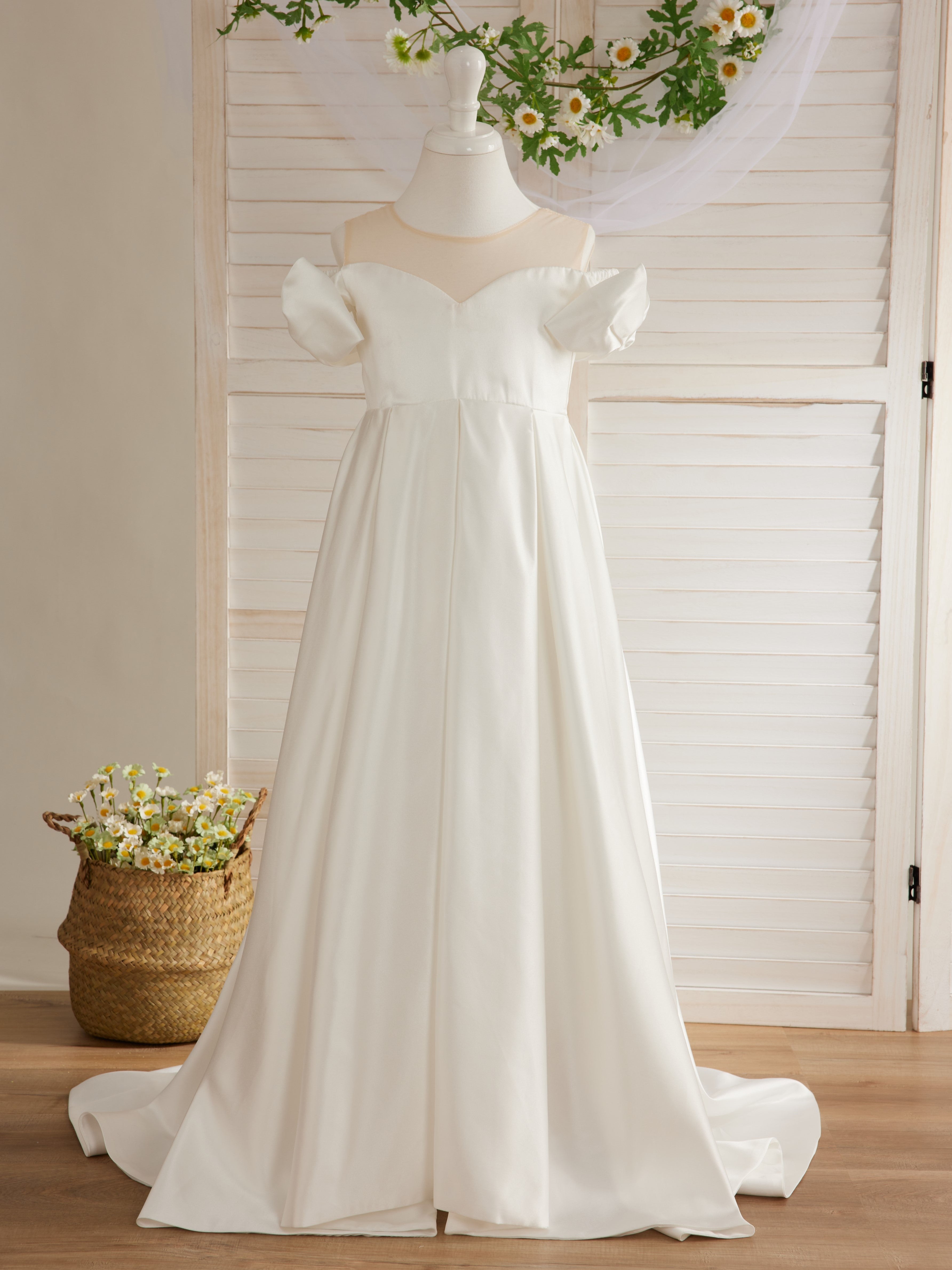 Satin Sweep Train Ivory Flower Girl Dress Ivory