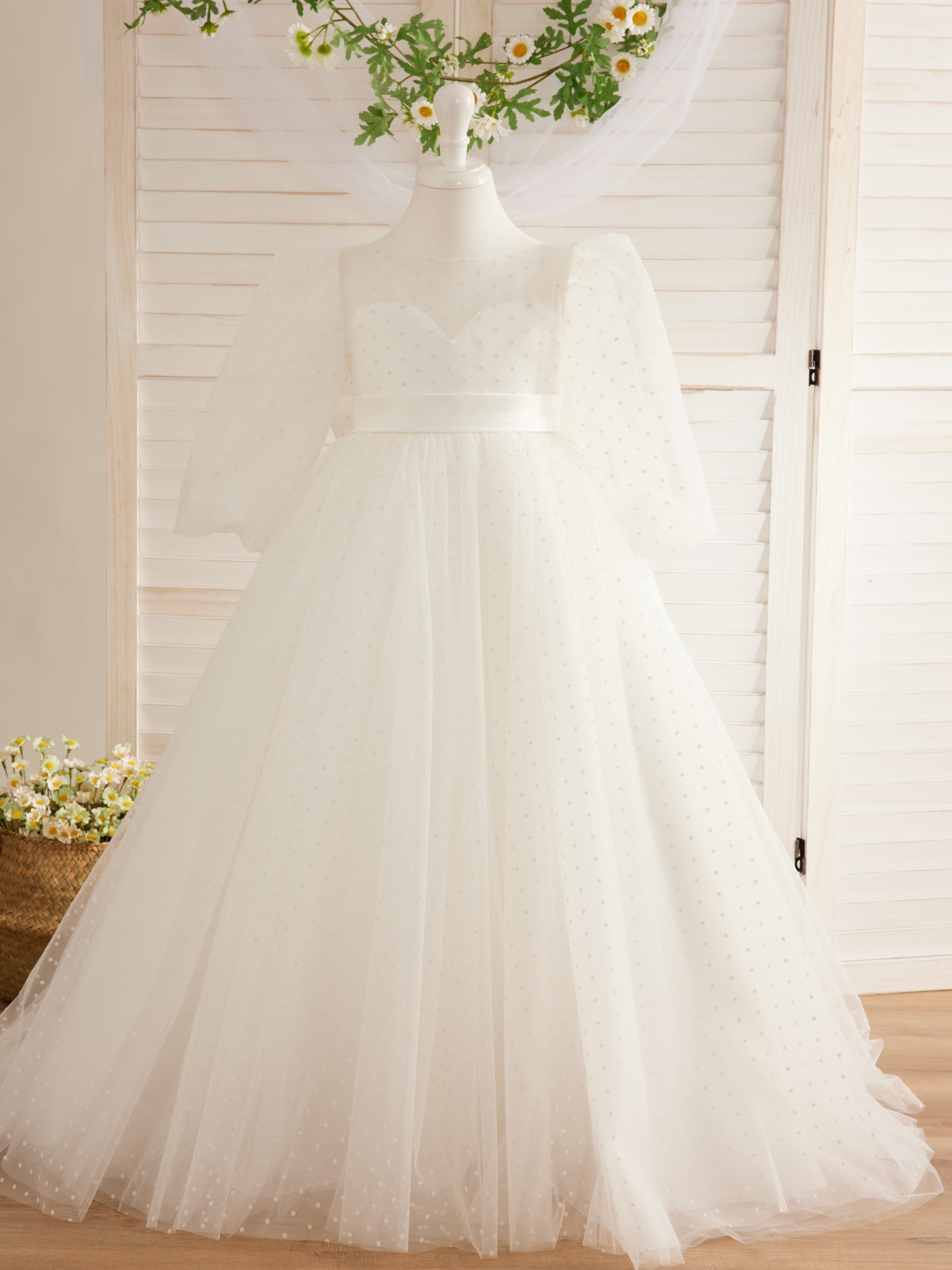 Elegant Polka Dot Tulle Puff Sleeve Sweep Train First Communion Flower Girl Dress Ivory