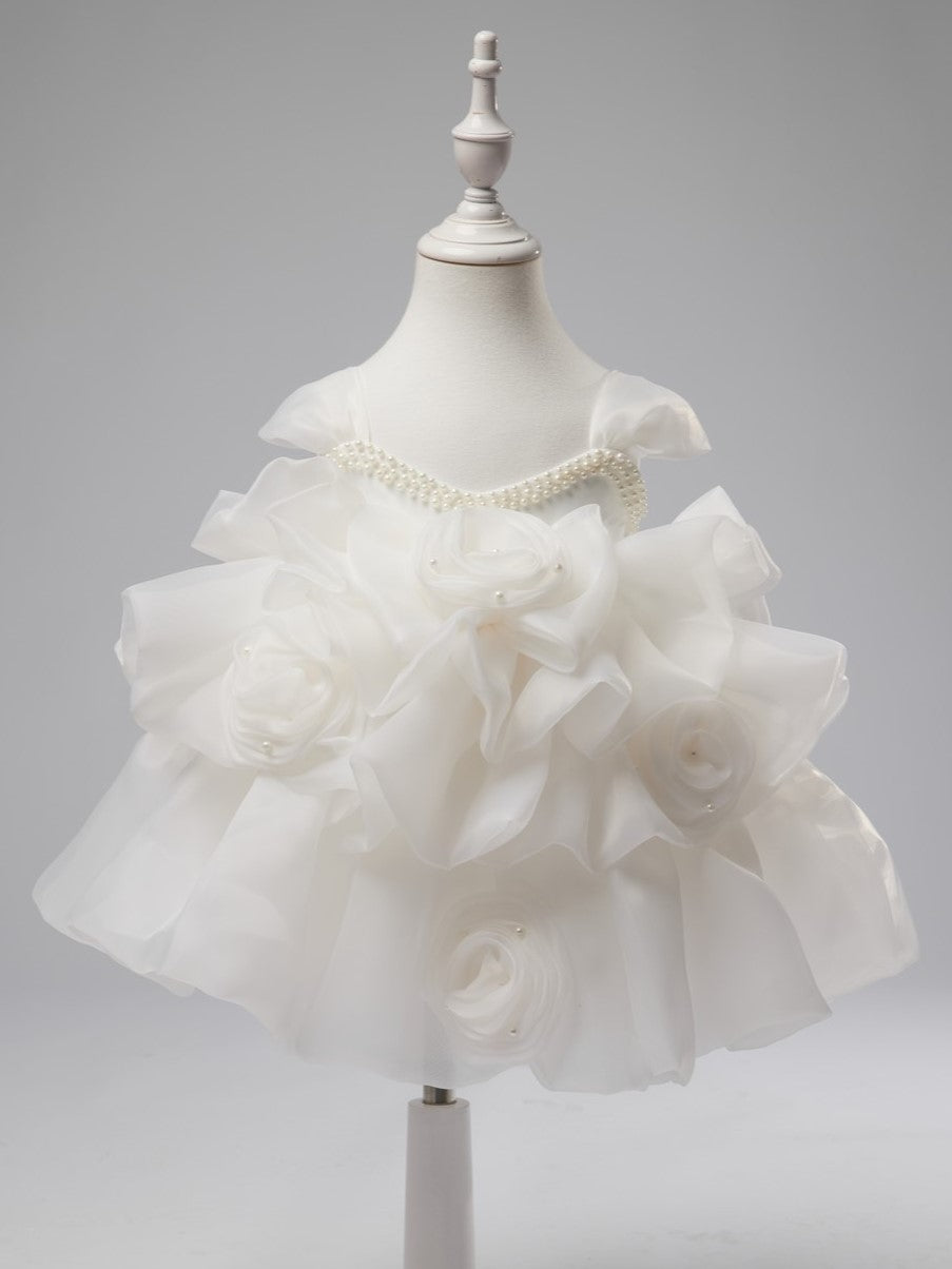 3D Flower Organza Knee-length 1st Birthday Party Baby Girl Dress White