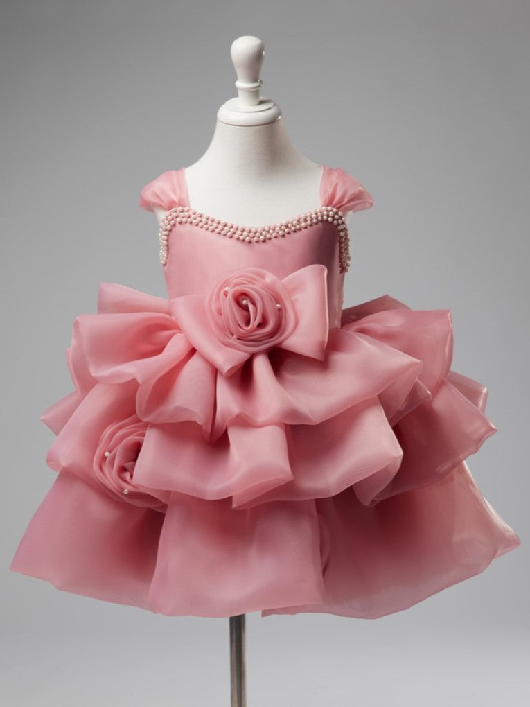 3D Flower Organza Knee-length 1st Birthday Party Baby Girl Dress Dusty Rose