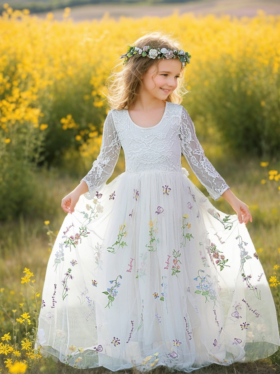 Floral Lace Embroidered Tulle A-Line Full-Length Garden Flower Girl Dress Ivory