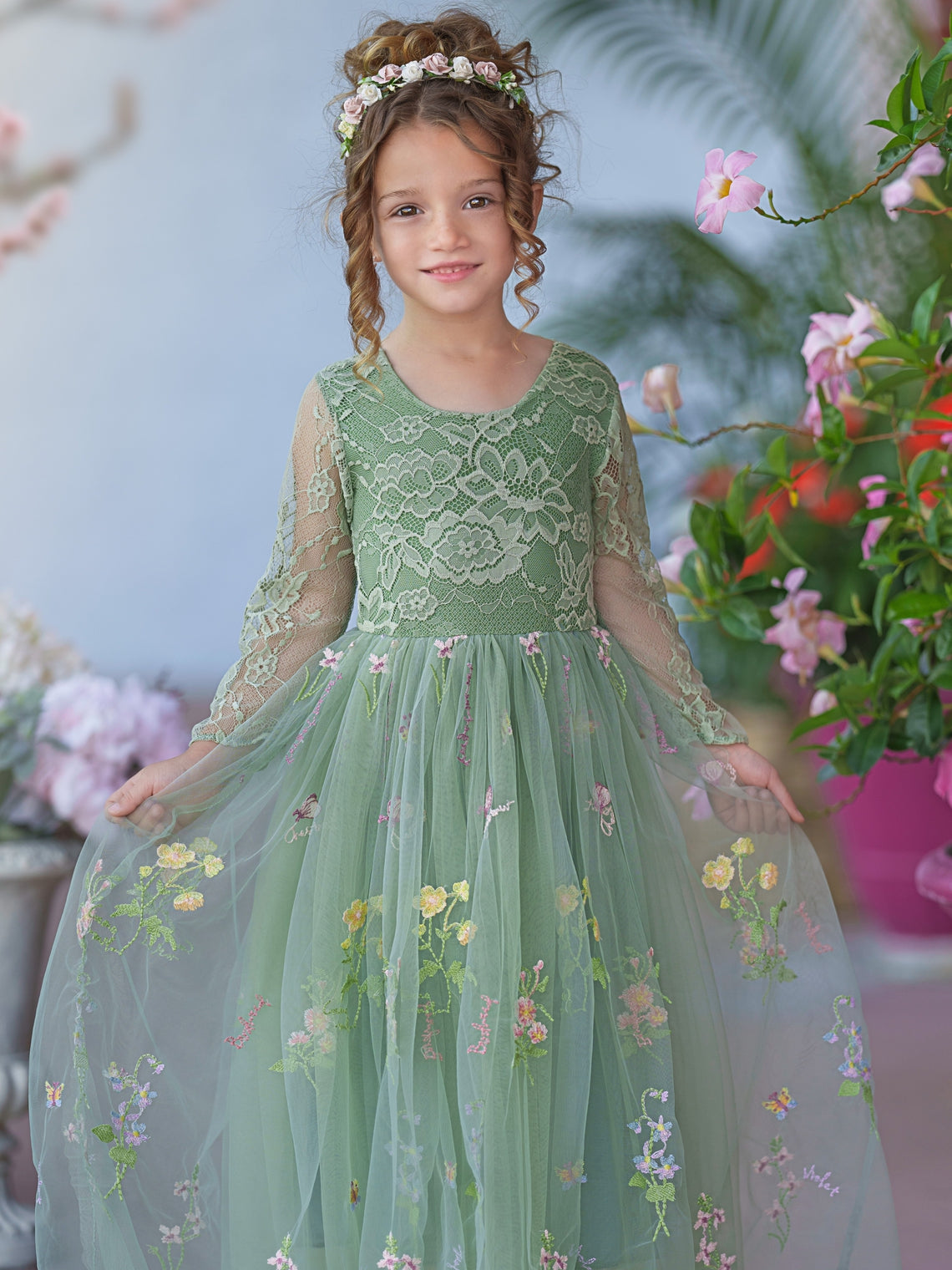 Floral Lace Embroidered Tulle A-Line Full-Length Garden Flower Girl Dress Sage