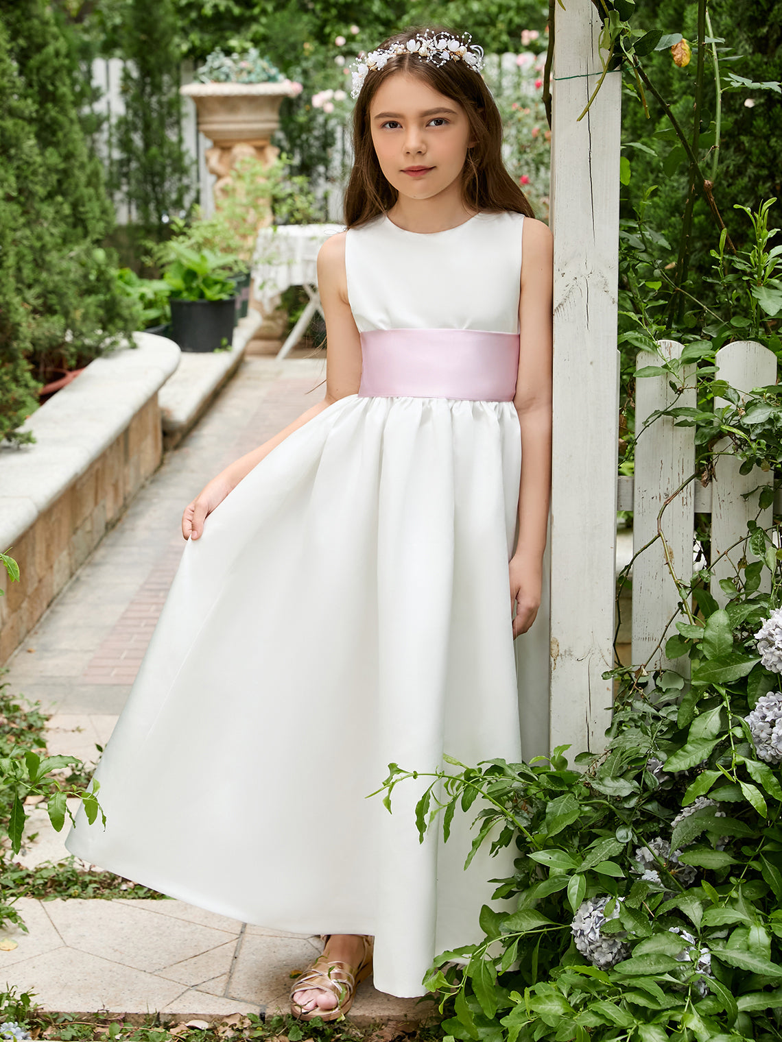 Ivory Satin Flower Girl Ball Gown with Sash Bow | Ankle-Length Tulle Dress White