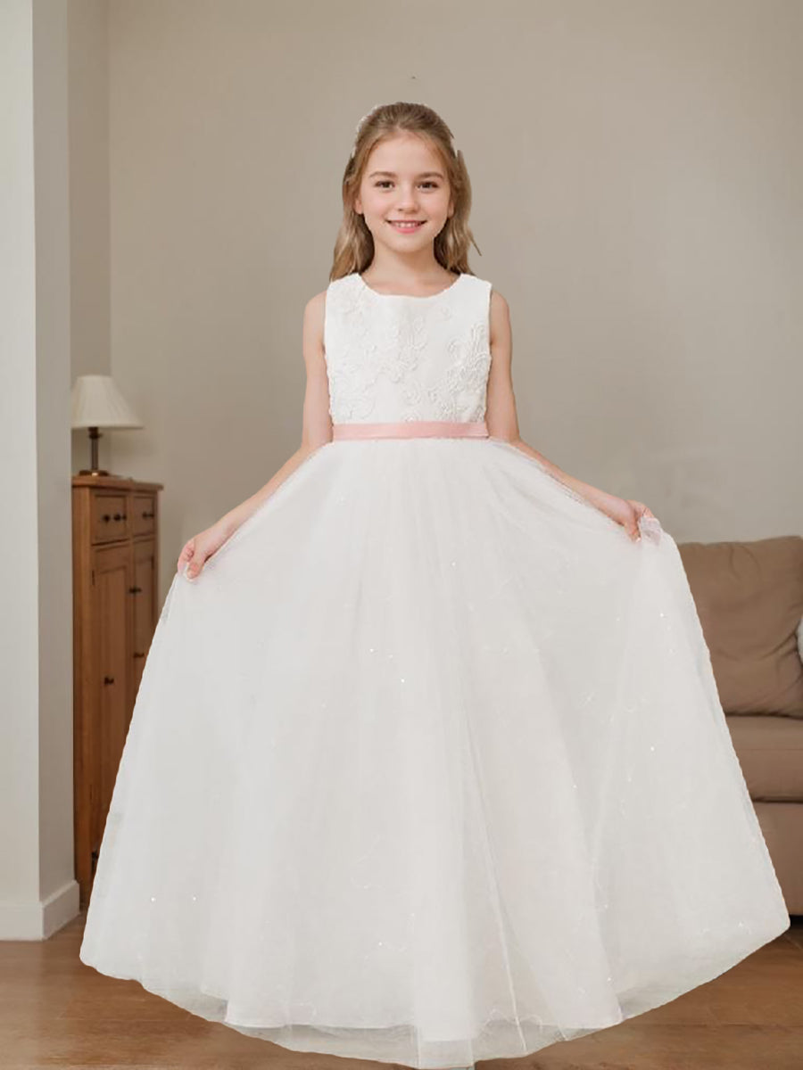 Ball-Gown/Princess Tulle Floor-length Ivory Flower Girl Dress Blush Pink