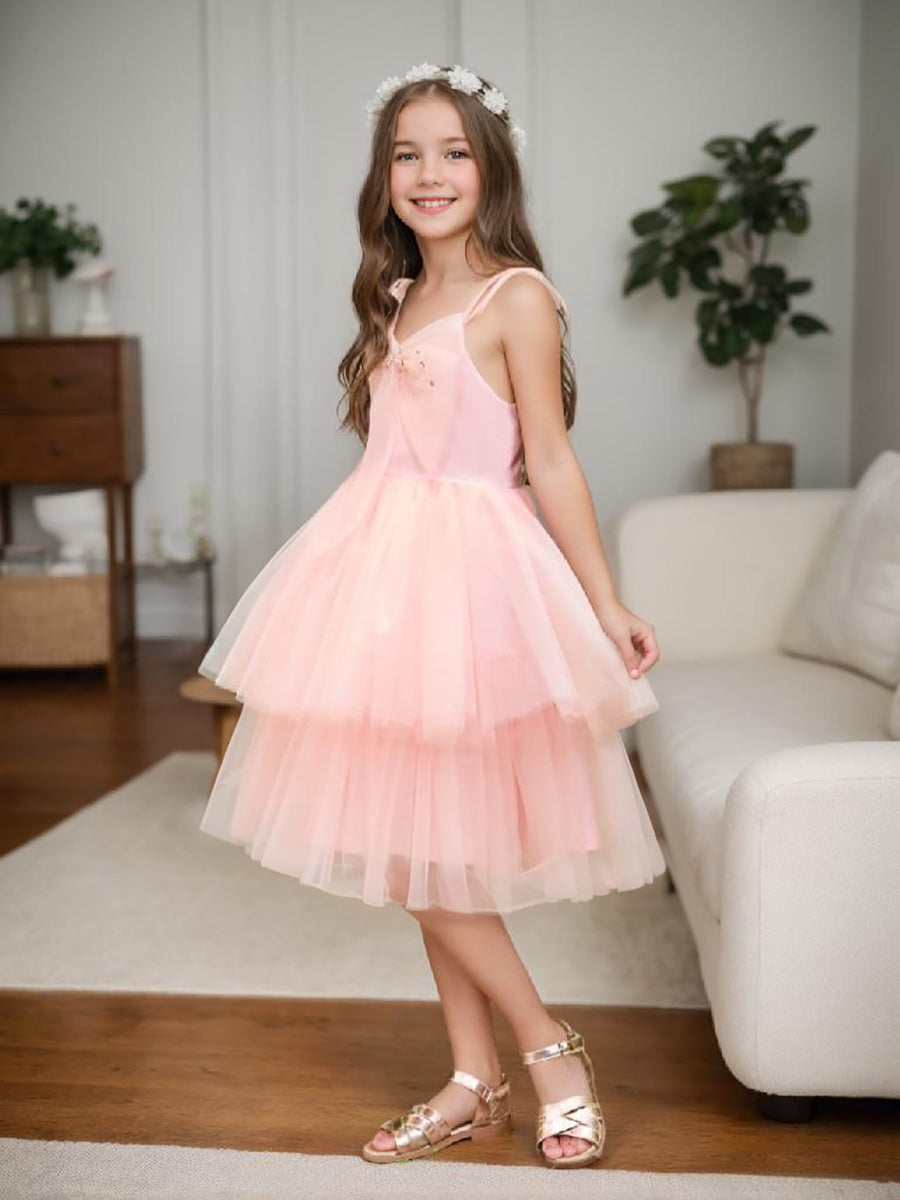 A-line Tulle Knee-length Pearl Pink Dress White