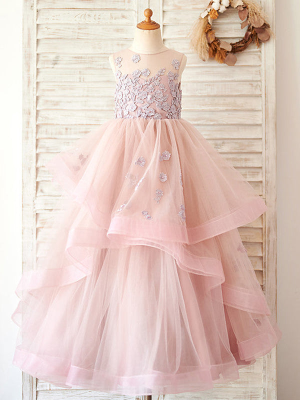 A-line Tulle Floor-length Pink Flower Girl Dress Gold