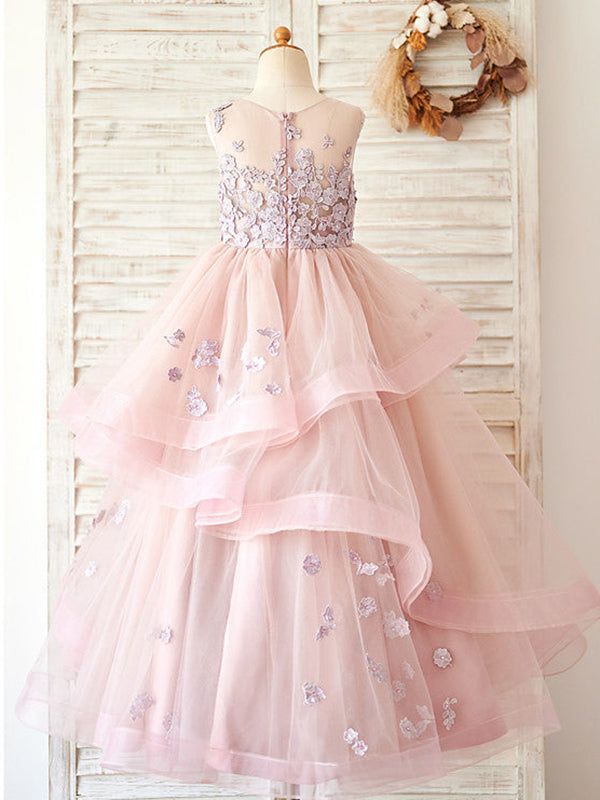 A-line Tulle Floor-length Pink Flower Girl Dress White