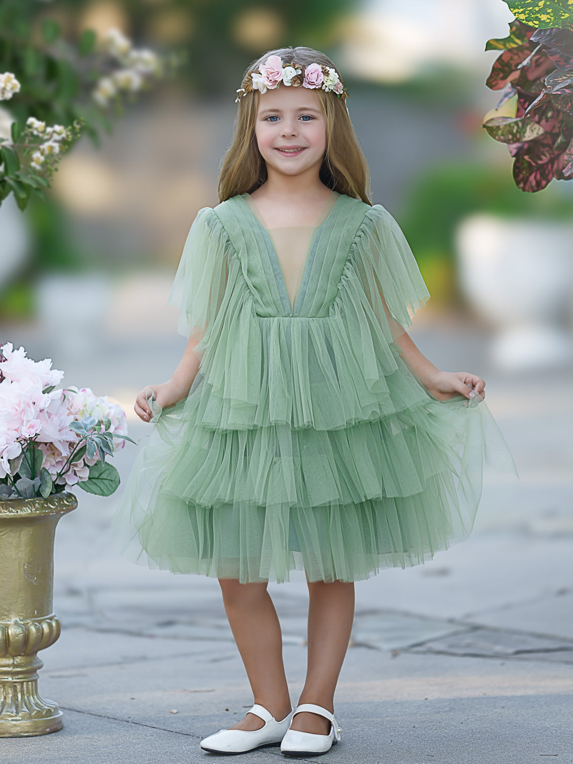 Enchanted Garden Fairy Elegant Tulle Toddler Flower Girl Dress Sage