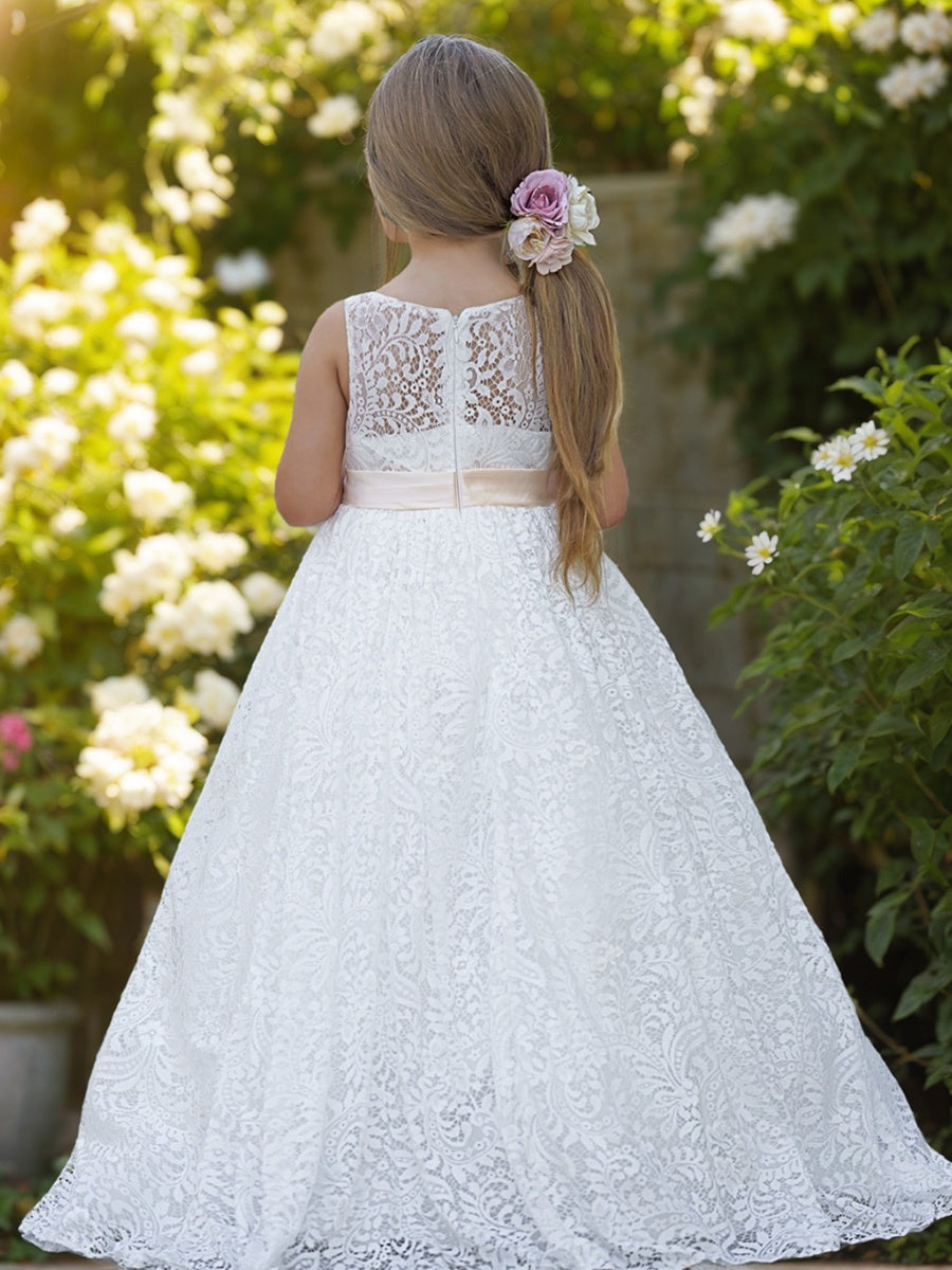 A-line Lace Tulle Floor-length Ivory Dress Sky Blue
