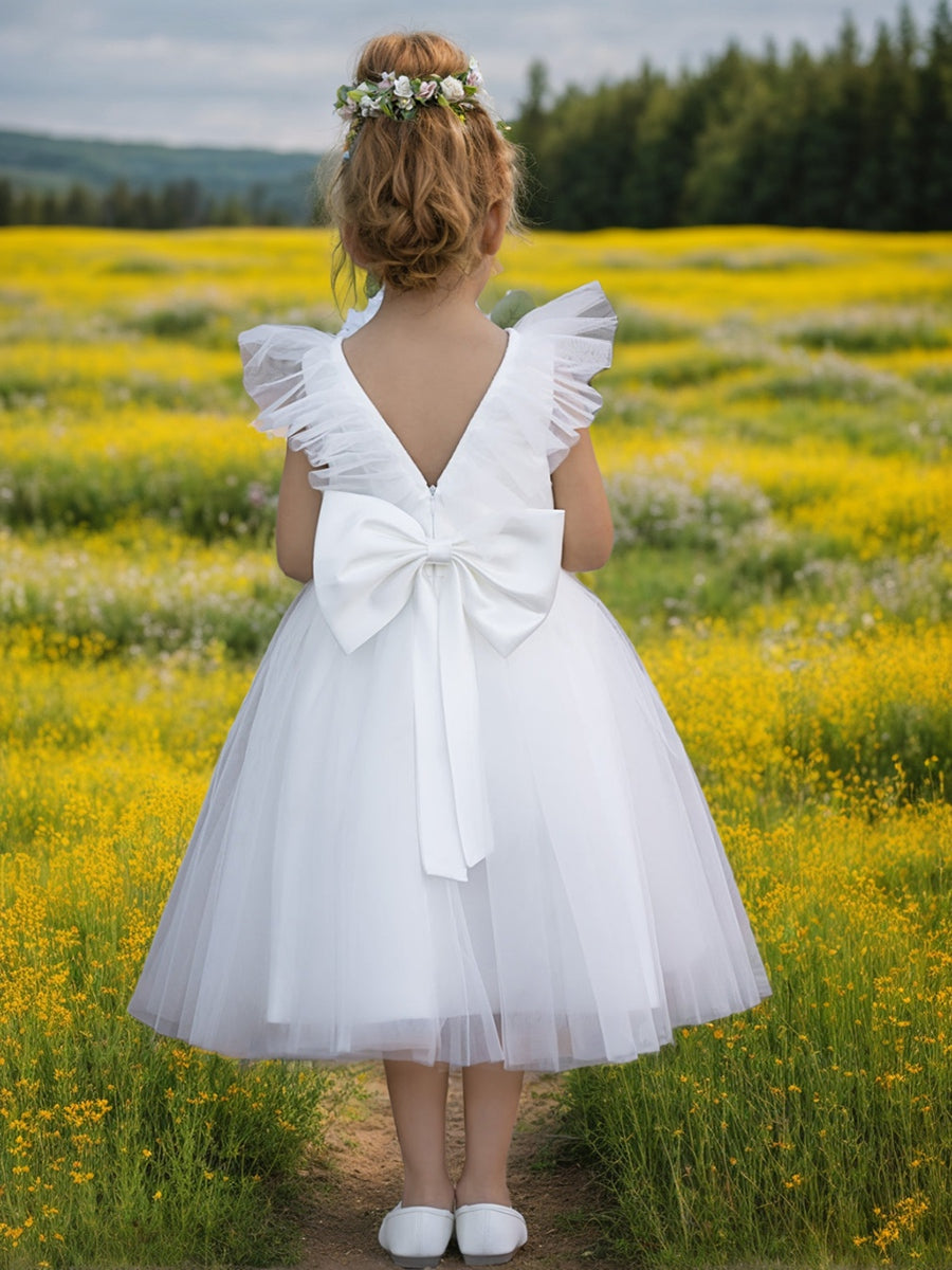 A-line Satin Tulle Knee-length Flower Girl Dress Ivory