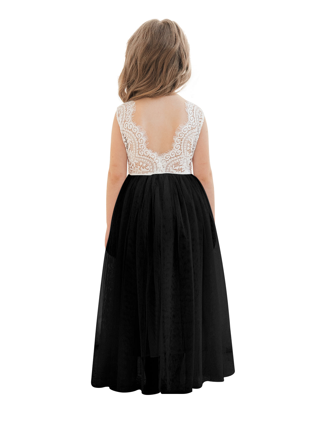 A-line Lace Tulle Ankle-length White Dress Black