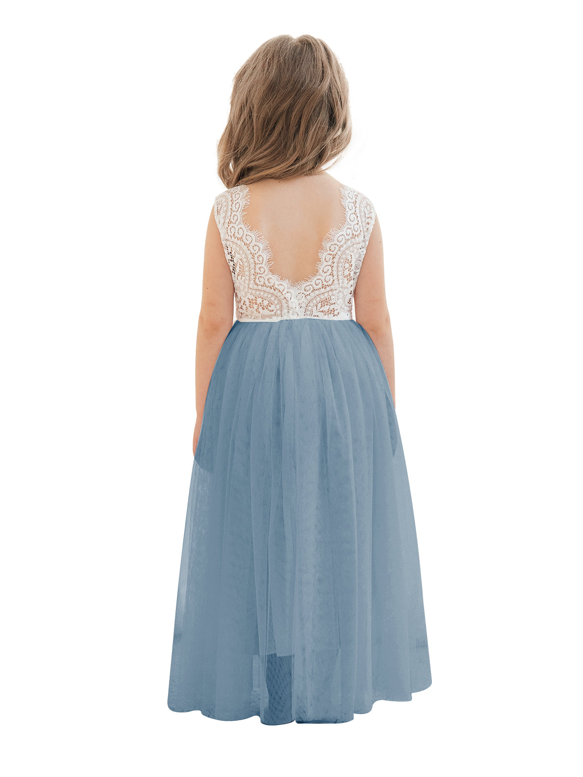 A-line Lace Tulle Ankle-length White Dress Dusty Blue