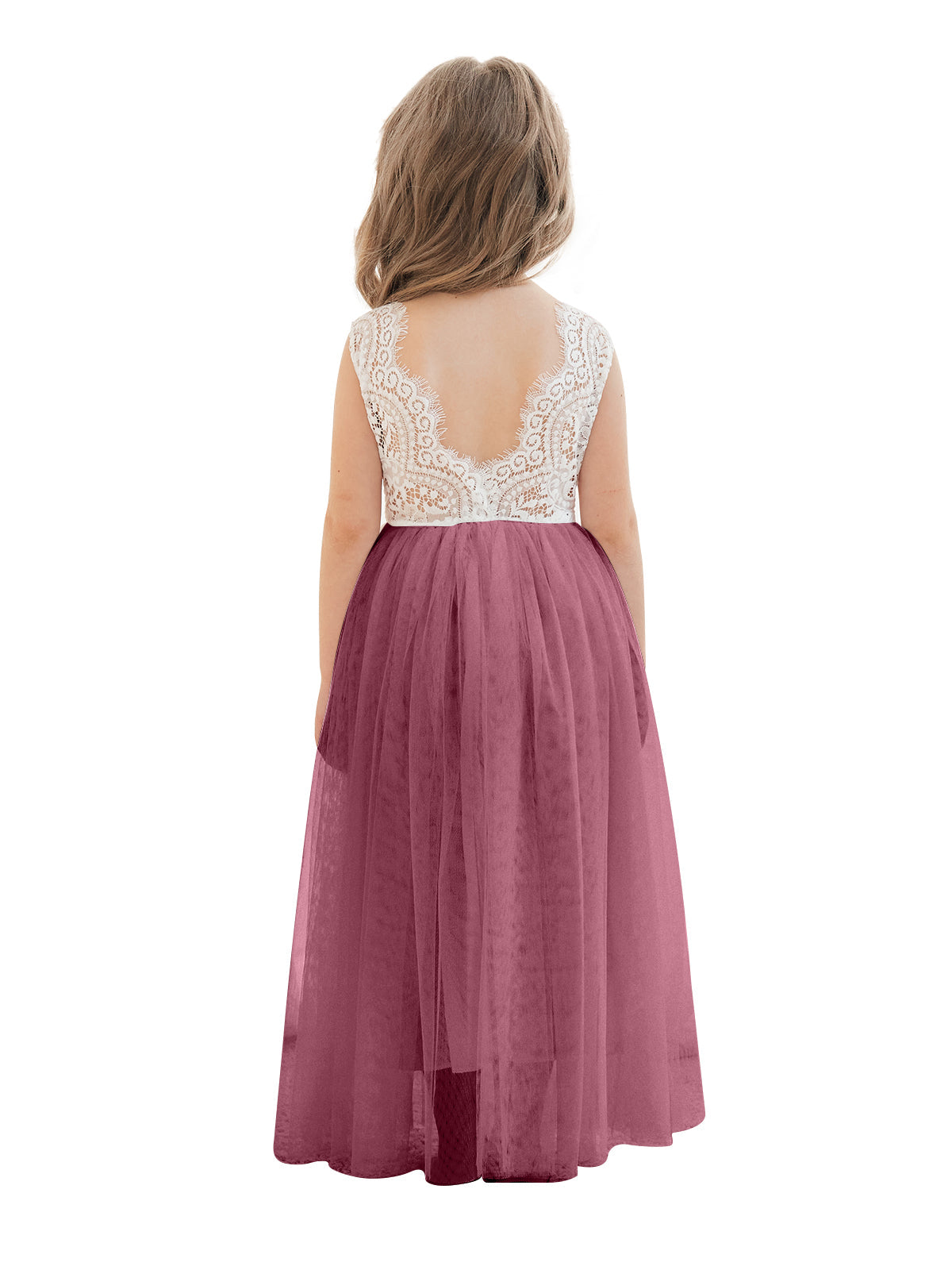 A-line Lace Tulle Ankle-length White Dress Dusty Pink