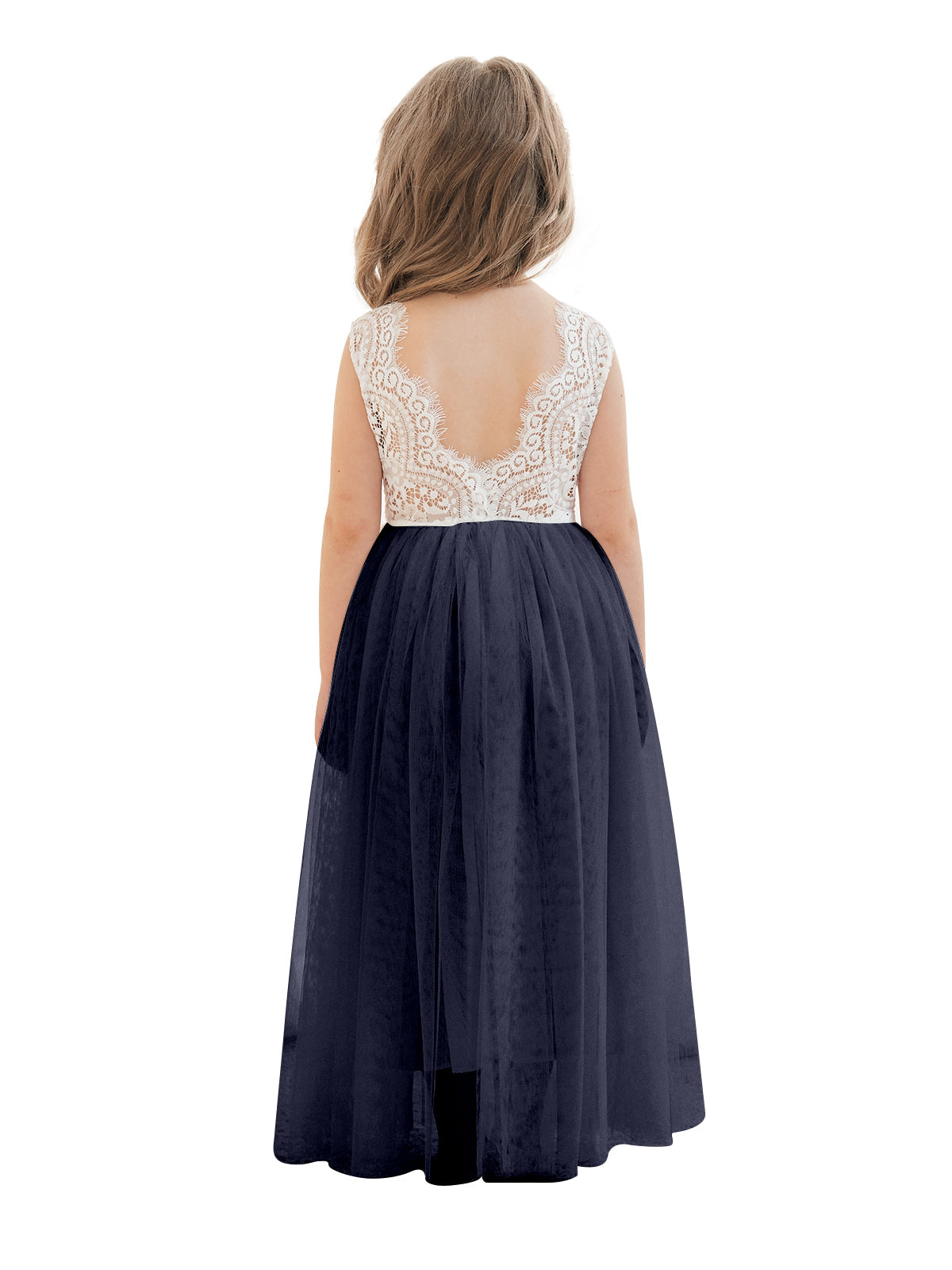 A-line Lace Tulle Ankle-length White Dress Navy