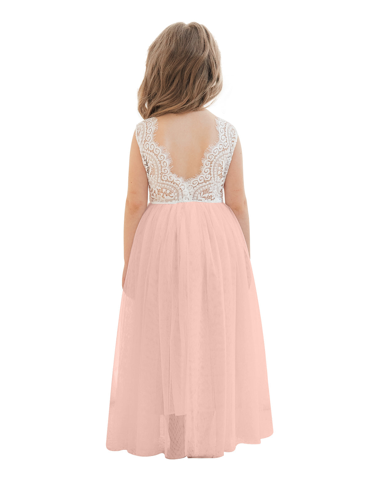 A-line Lace Tulle Ankle-length White Dress Pink