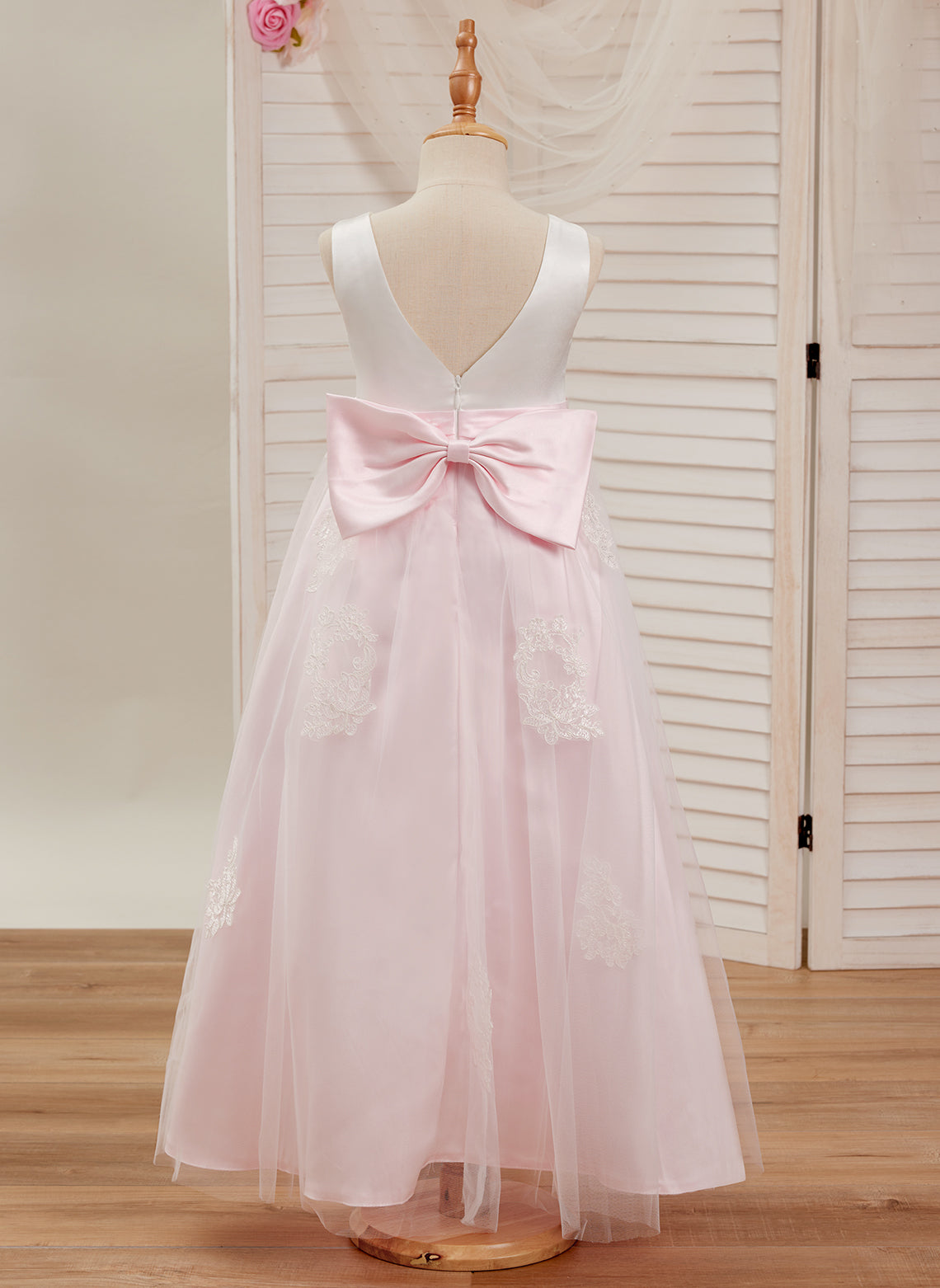 A-line Satin Tulle Ankle-length Pink Dress White