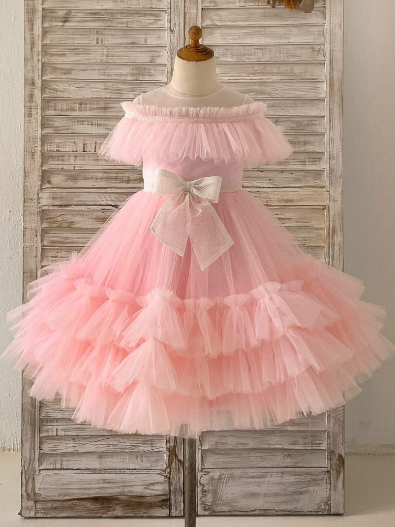 Tulle Knee-length Pink Girl's Party Dress As Picture