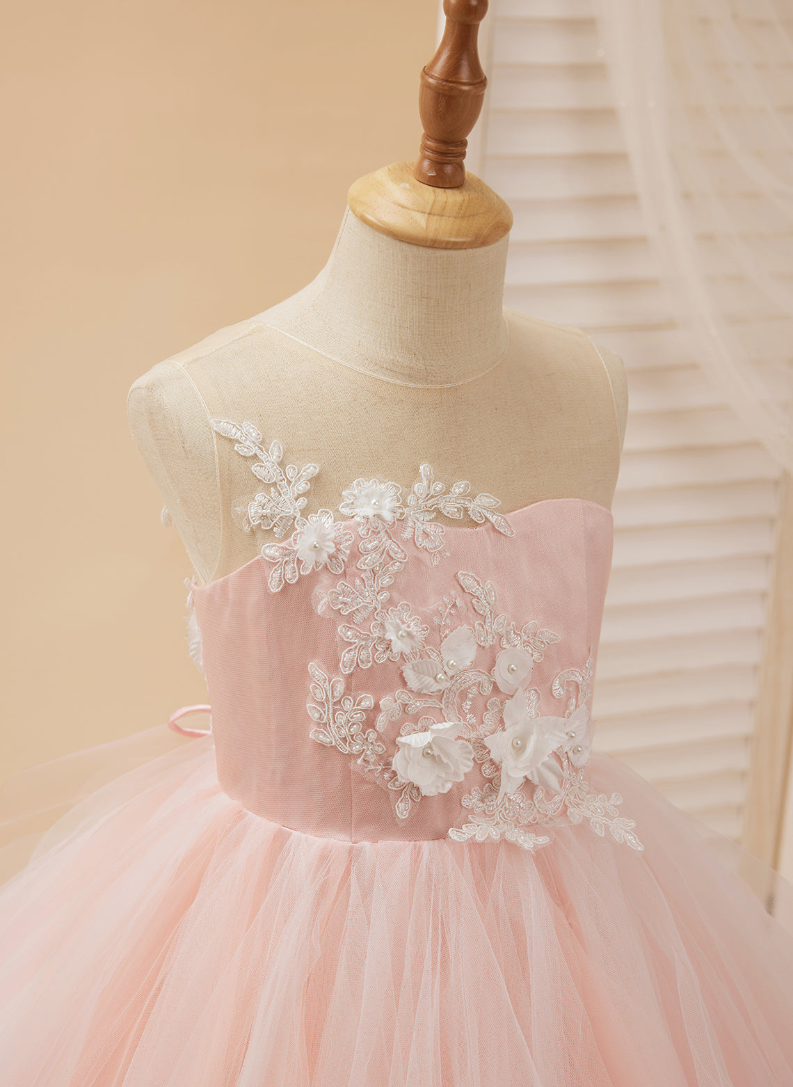 Ball-Gown/Princess Lace Tulle Floor-length Pink Dress Dusty Rose