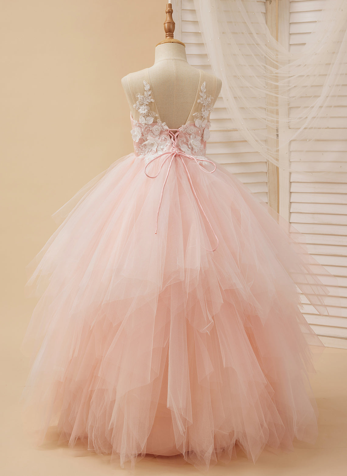 Ball-Gown/Princess Lace Tulle Floor-length Pink Dress Ivory