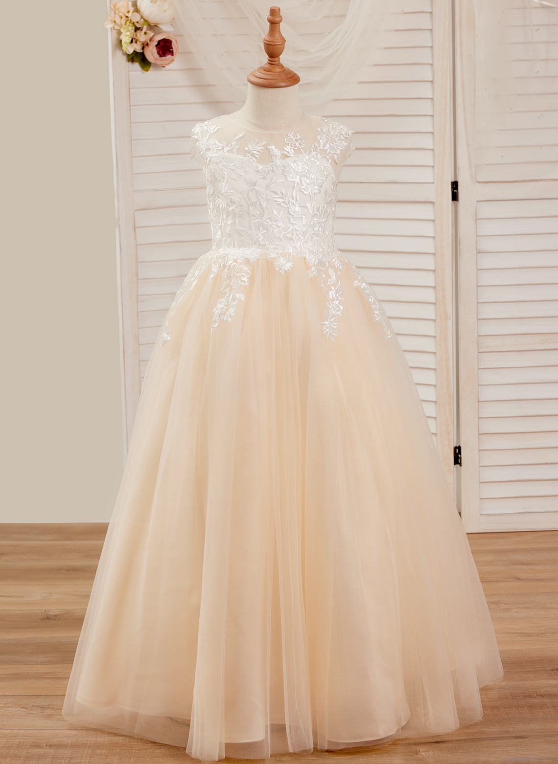 A-line Lace Tulle Floor-length Pink Dress Champagne