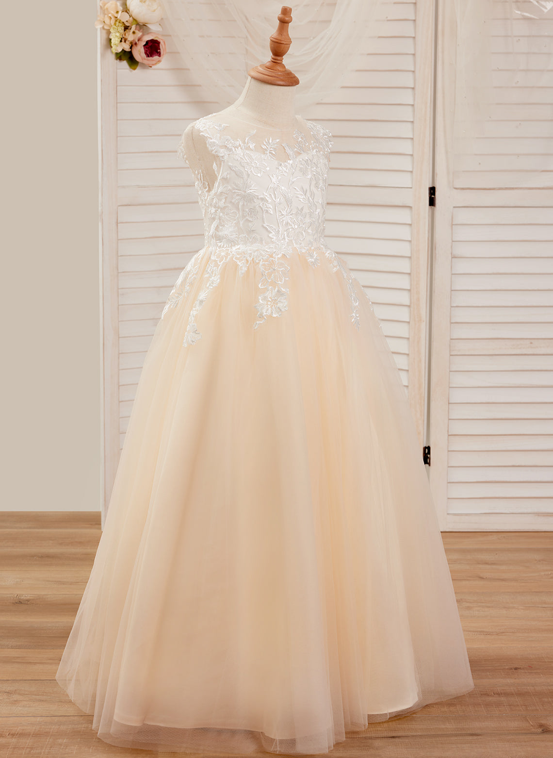 A-line Lace Tulle Floor-length Pink Dress White