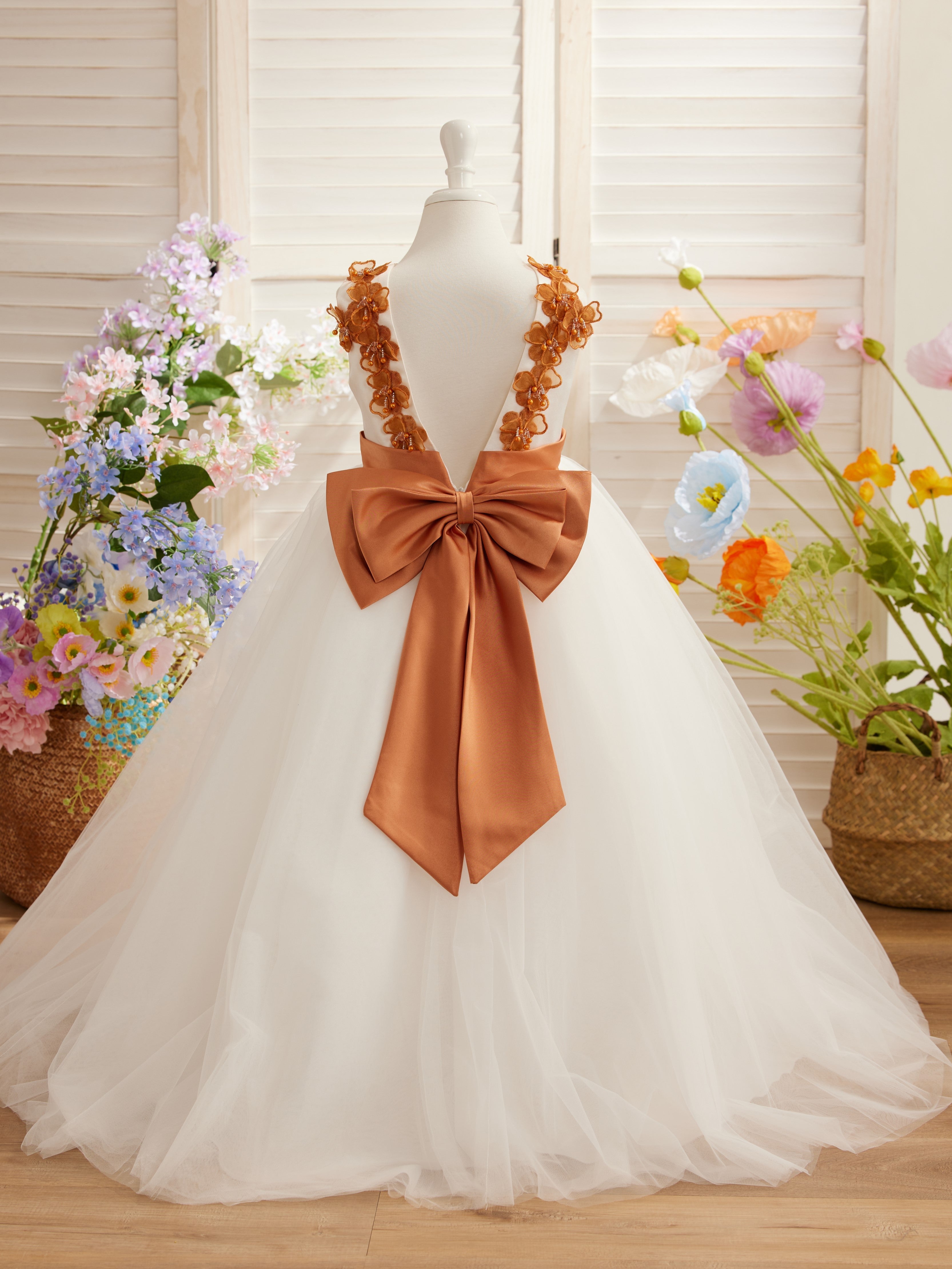 Ball-Gown/Princess 3d Flower Tulle Floor-length Ivory Flower Girl Dress Burnt Orange