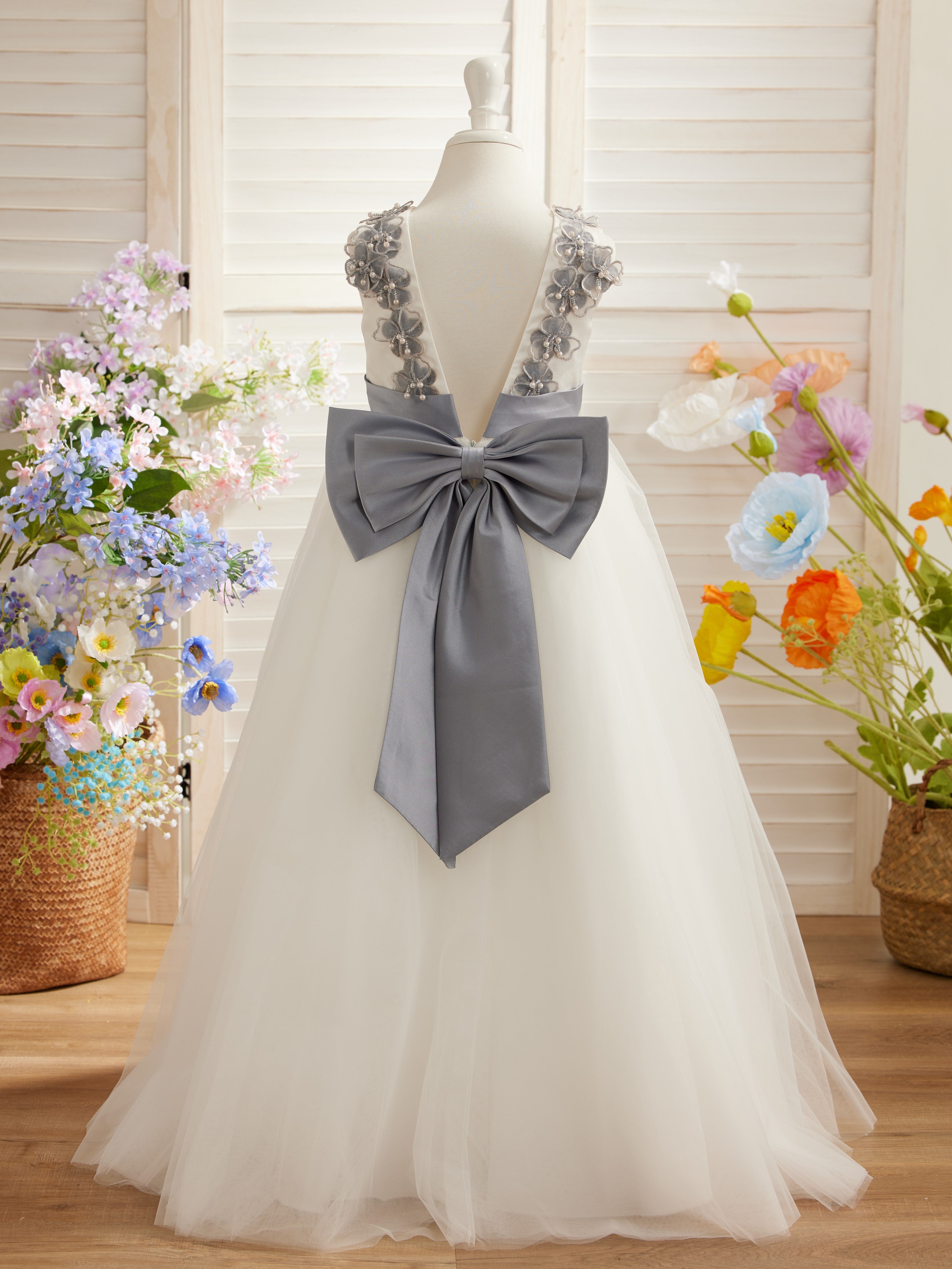 Ball-Gown/Princess 3d Flower Tulle Floor-length Ivory Flower Girl Dress Dusty Blue