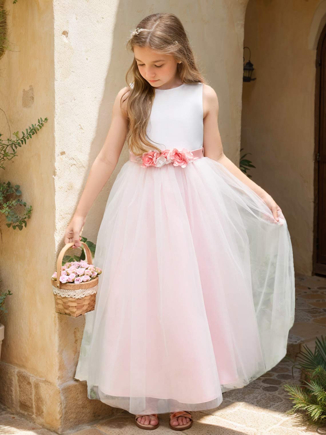 A-line 3D Flower Satin Tulle Ankle-length  Flower Girl Dress Ivory