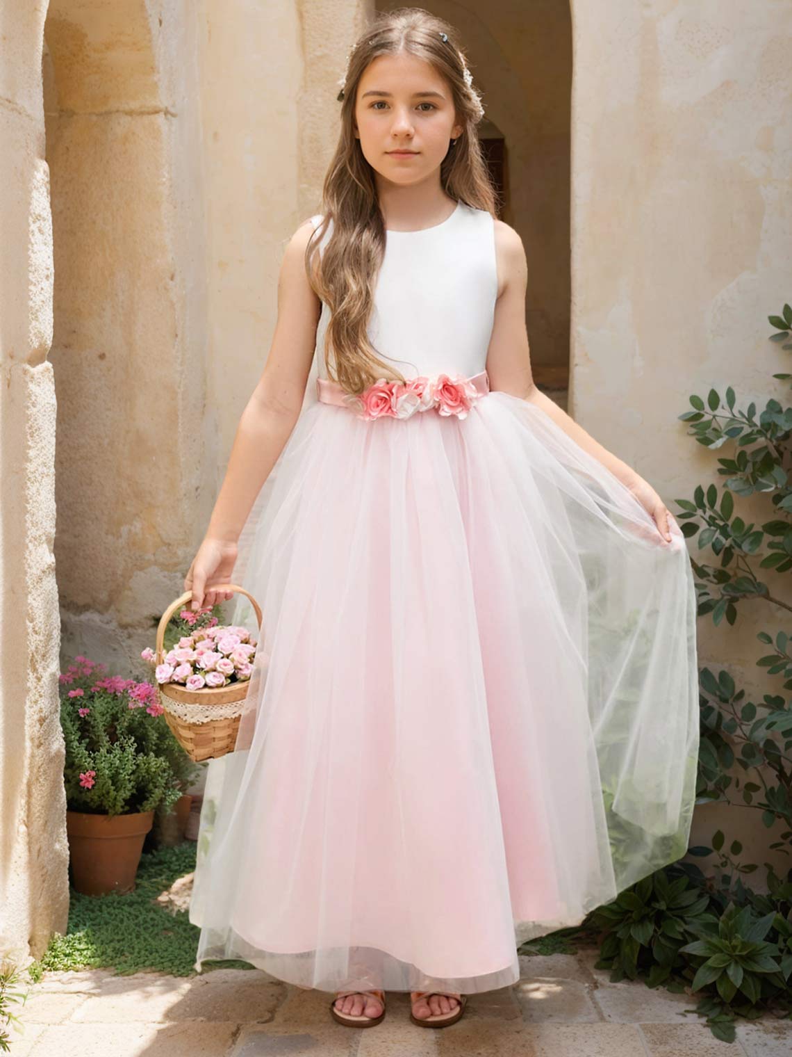 A-line 3D Flower Satin Tulle Ankle-length  Flower Girl Dress Blush Pink