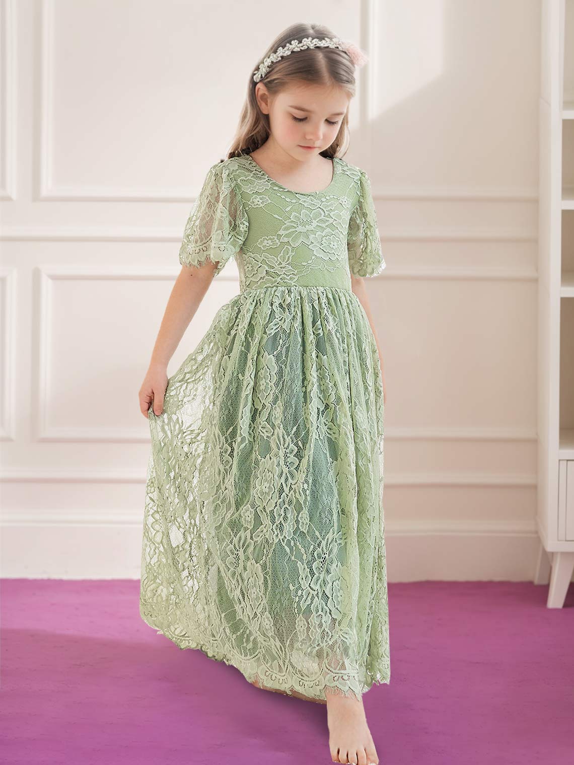 A-line Lace Ankle-length Ivory Boho Flower Girl Dress Sage