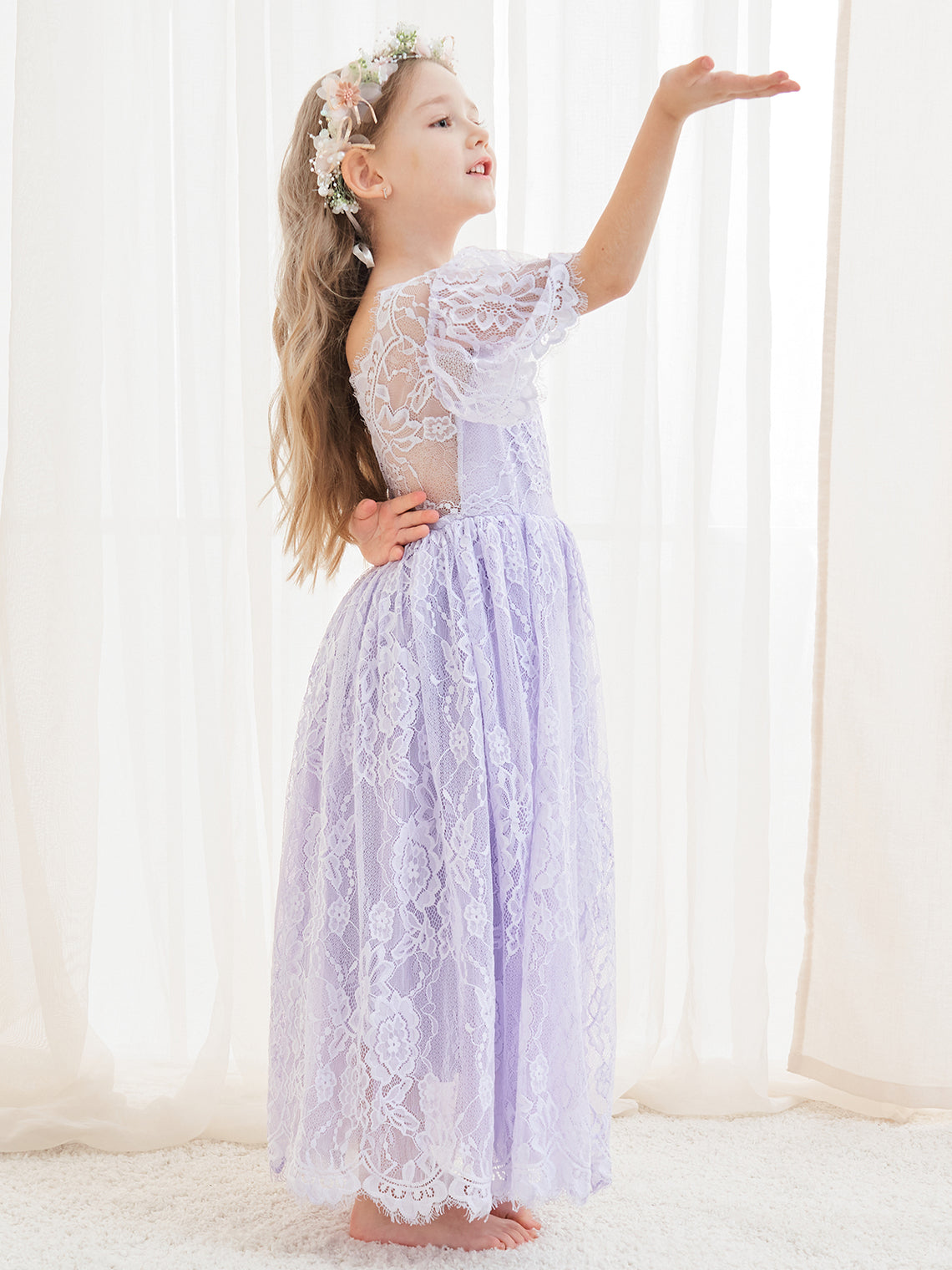 A-line Lace Ankle-length Ivory Boho Flower Girl Dress Lilac