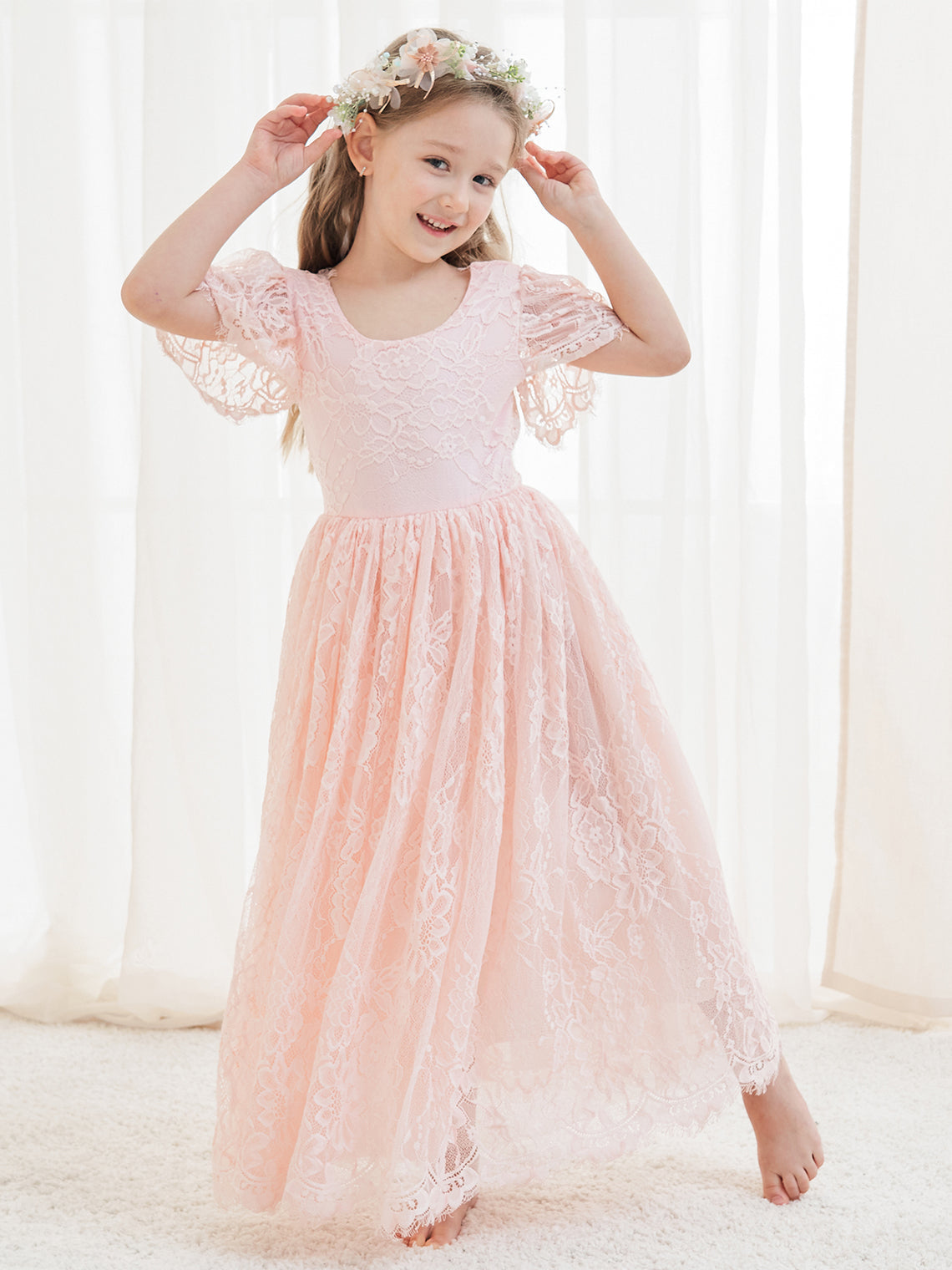A-line Lace Ankle-length Ivory Boho Flower Girl Dress Blush Pink