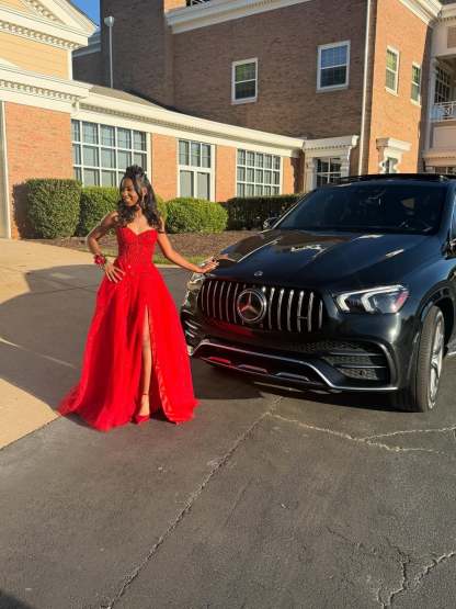 Red Sequin Beaded Strapless A-Line Prom Dress with 3D Floral Appliqué & High Slit