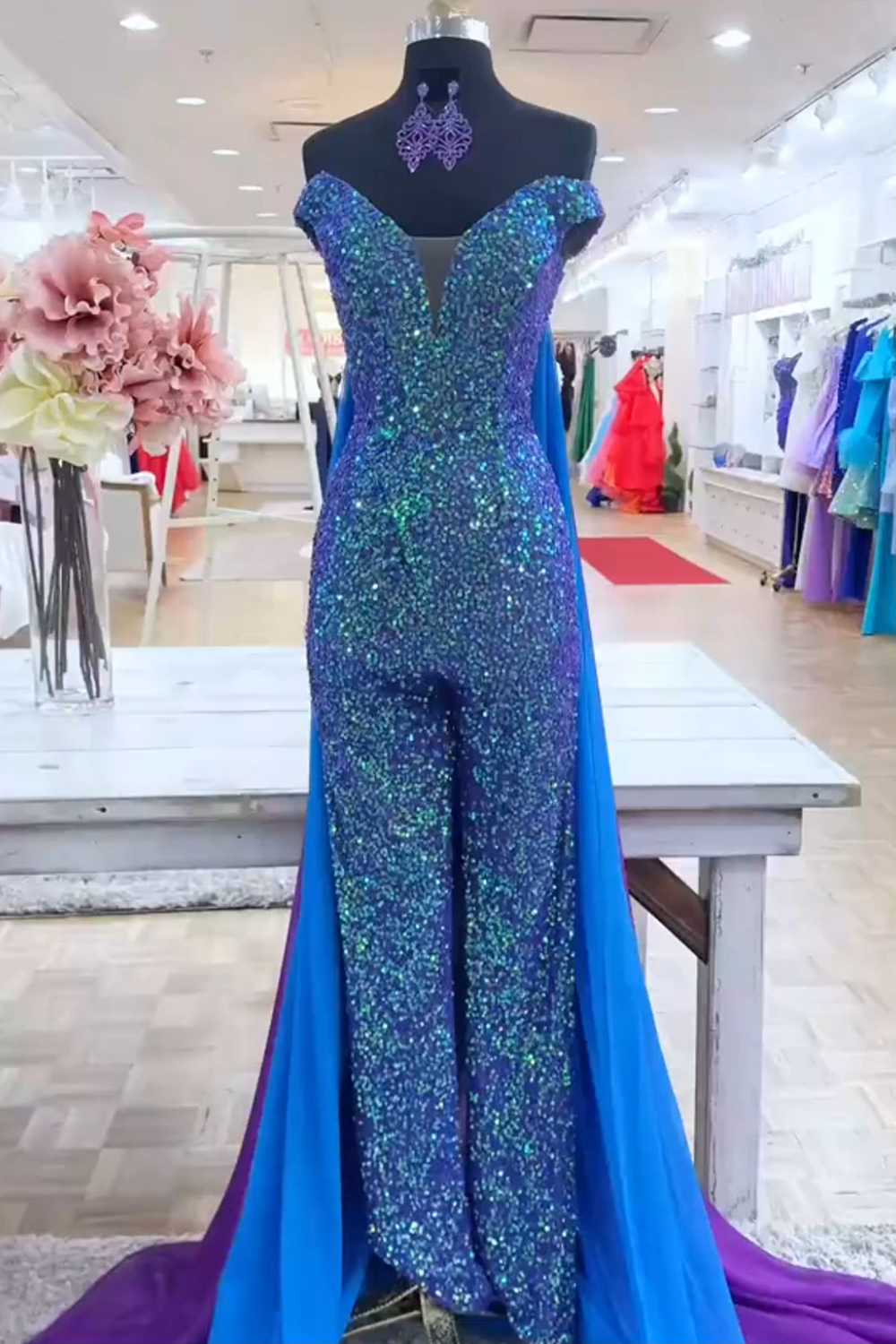 Sparkly Royal Blue Long Sequins Homecoming Jumpsuits with Cape