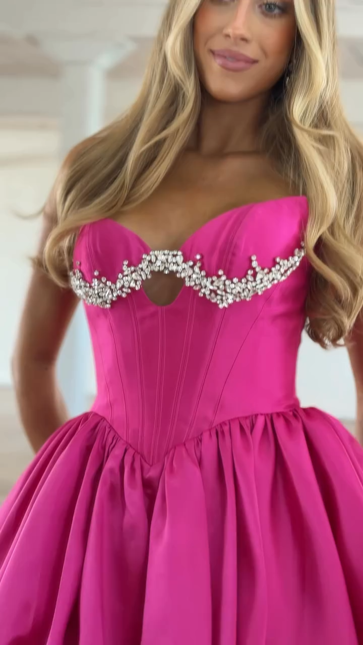 Hot Pink Satin Bubble Skirt Corset Strapless Homecoming Dress