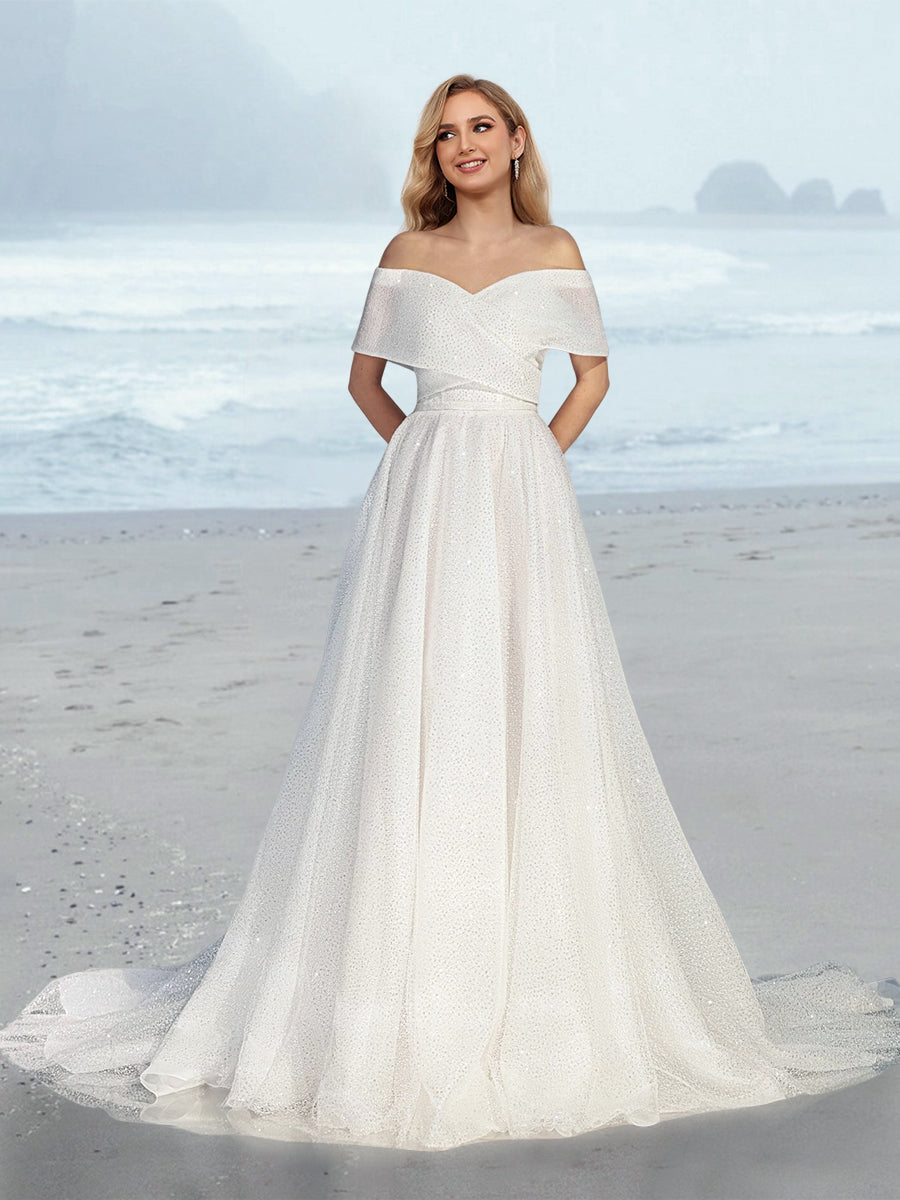 A-Line/Princess Off-the-Shoulder Floor-Length Wedding Dress Ivory