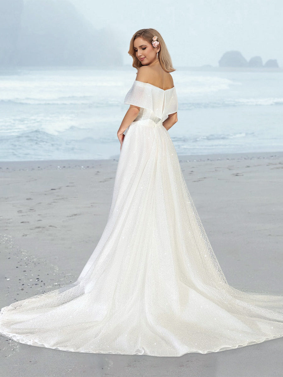 A-Line/Princess Off-the-Shoulder Floor-Length Wedding Dress White