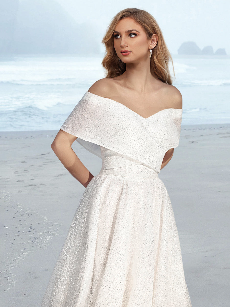 A-Line/Princess Off-the-Shoulder Floor-Length Wedding Dress Champagne