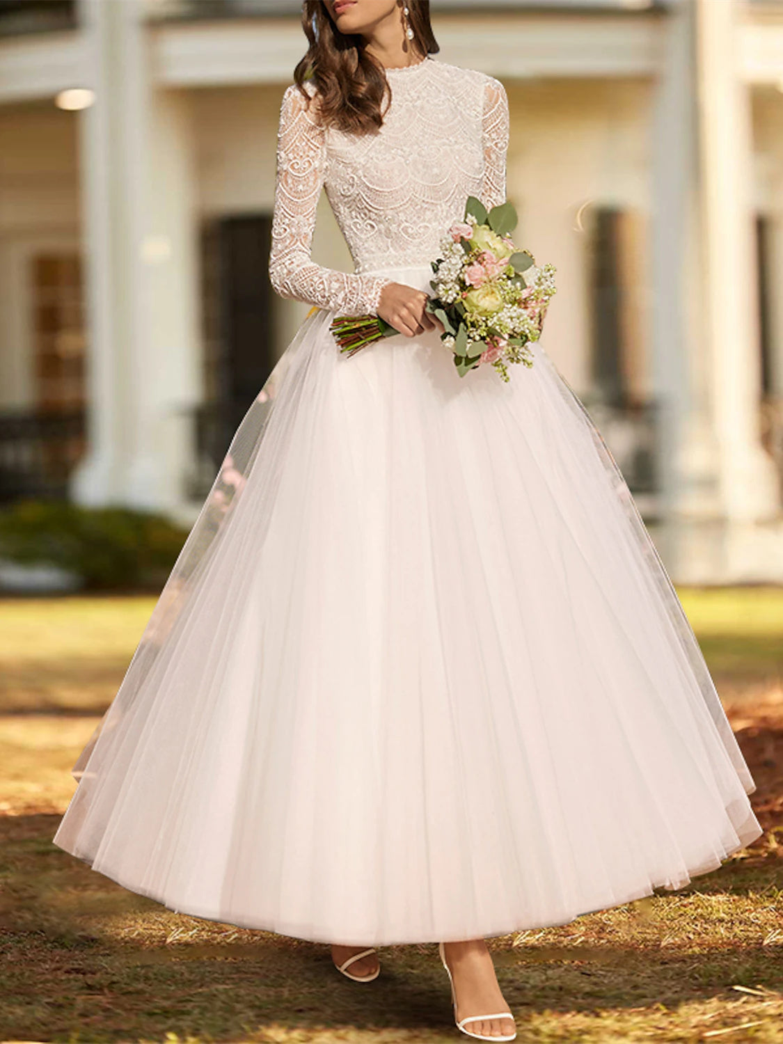 Ball Gown Lace Satin Tulle Scoop Long Sleeve Ankle Length Appliques Solid Color Wedding Dress Ivory