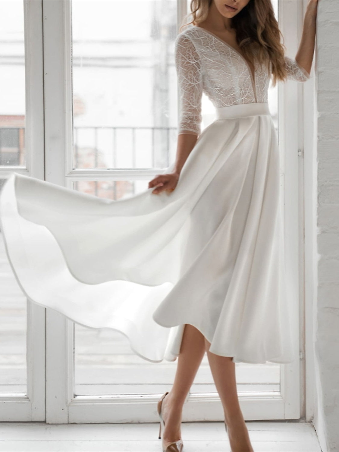 A-Line/Princess Chiffon Lace V Neck 3/4 Length Sleeve Tea Length Solid Color Wedding Dress White