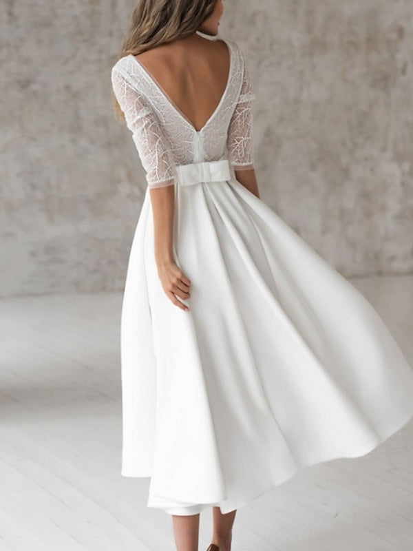 A-Line/Princess Chiffon Lace V Neck 3/4 Length Sleeve Tea Length Solid Color Wedding Dress Ivory