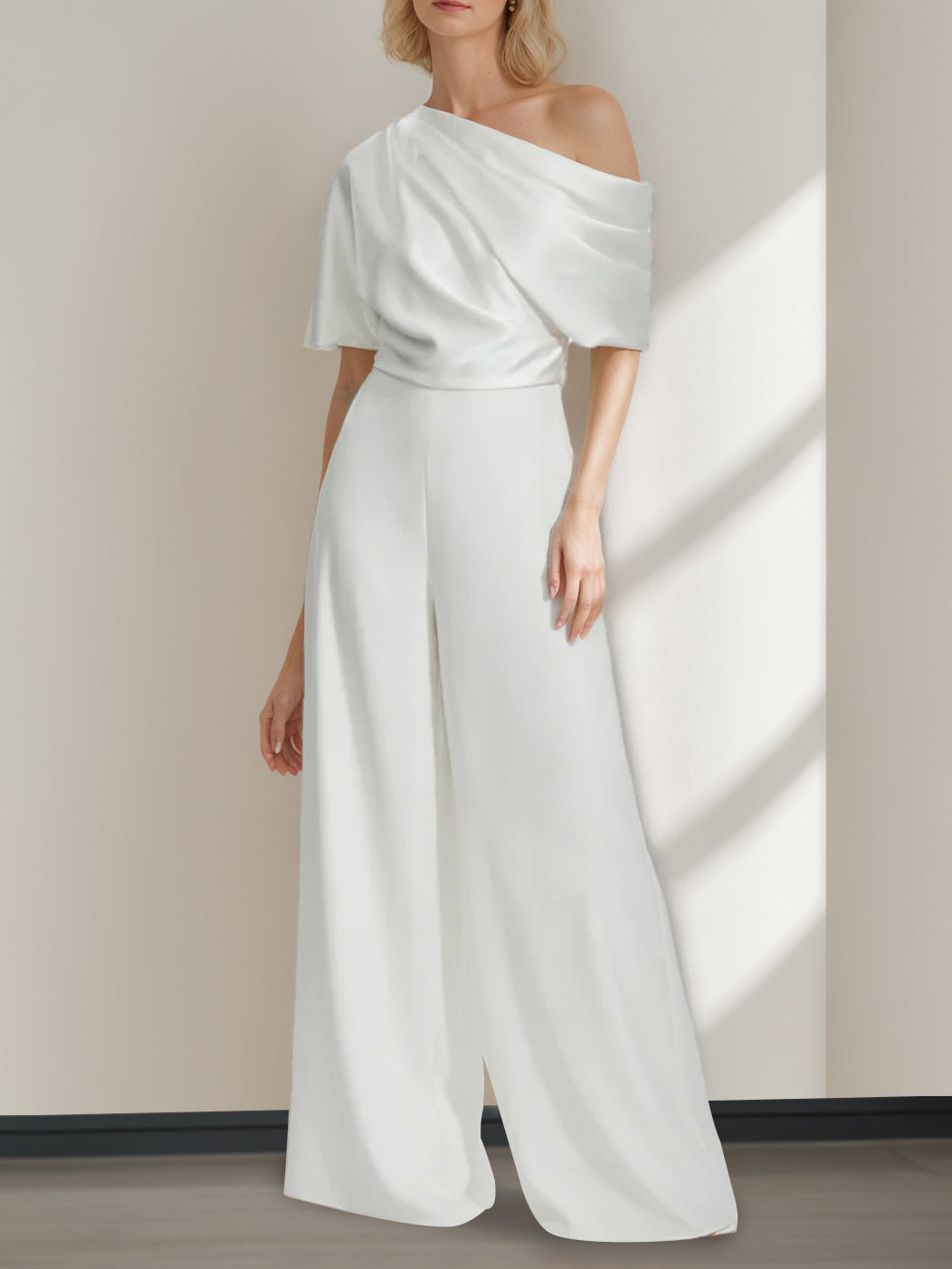 A-Line/Princess One-Shoulder Half Sleeves Floor Length Wedding Pantsuits With Ruffles Ivory
